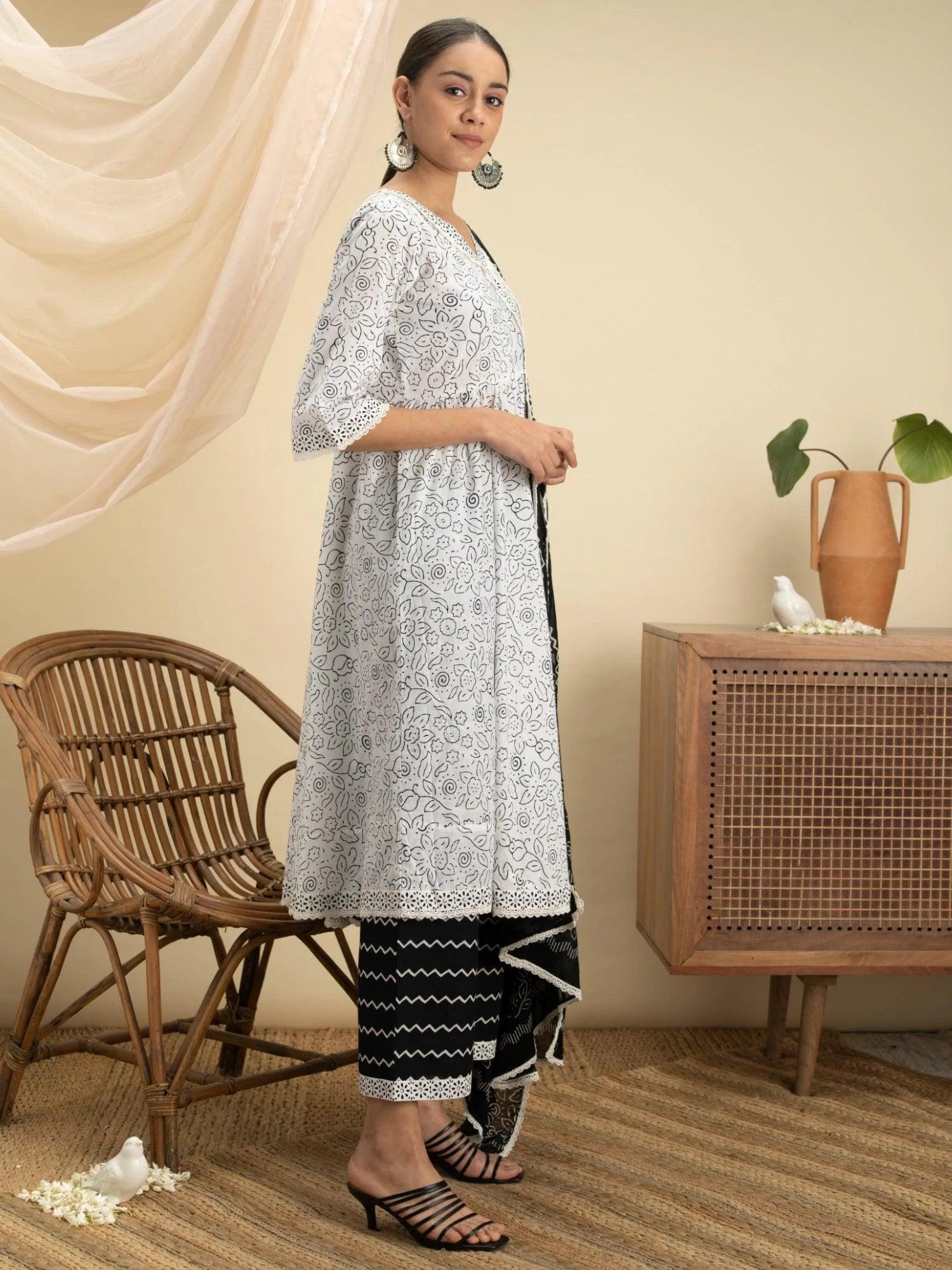 White Printed Cotton Suit Set