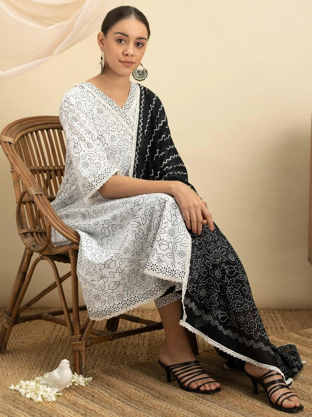 White Printed Cotton Suit Set - ShopLibas