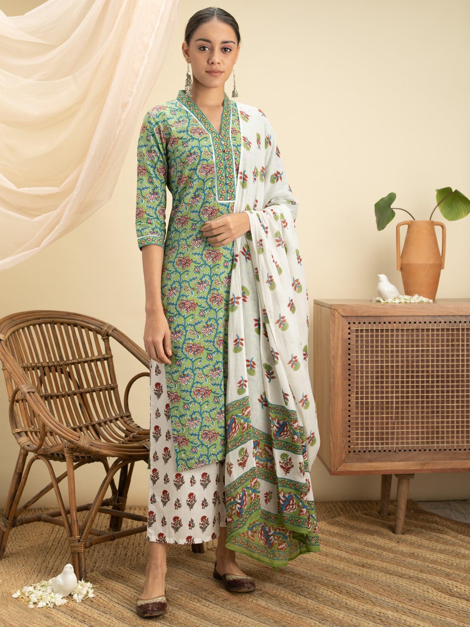 Green Printed Cotton Suit Set