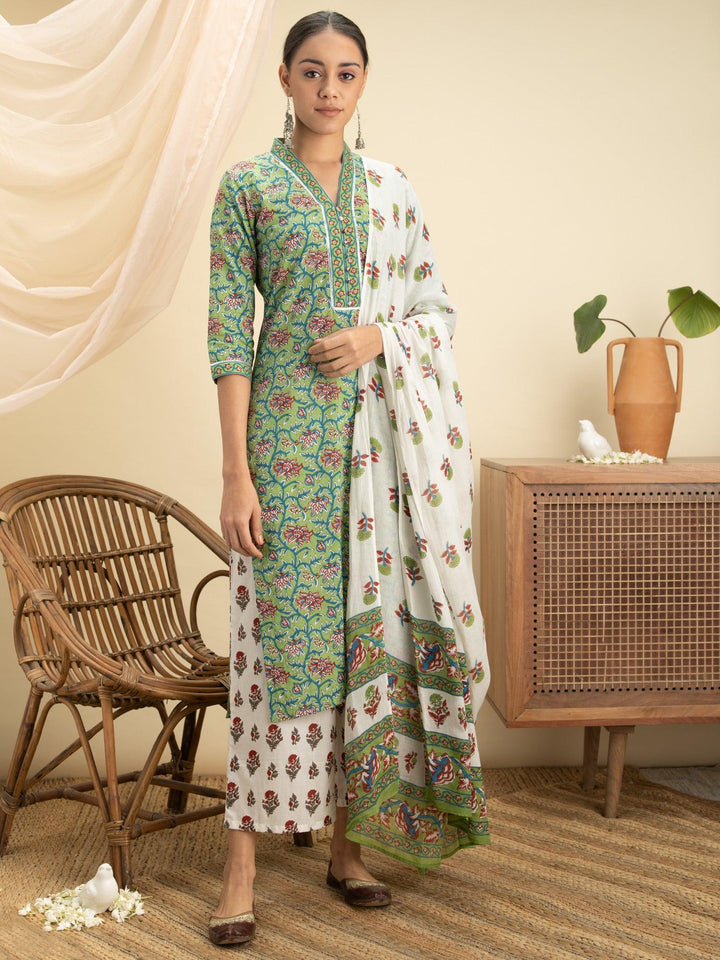 Green Printed Cotton Suit Set - ShopLibas