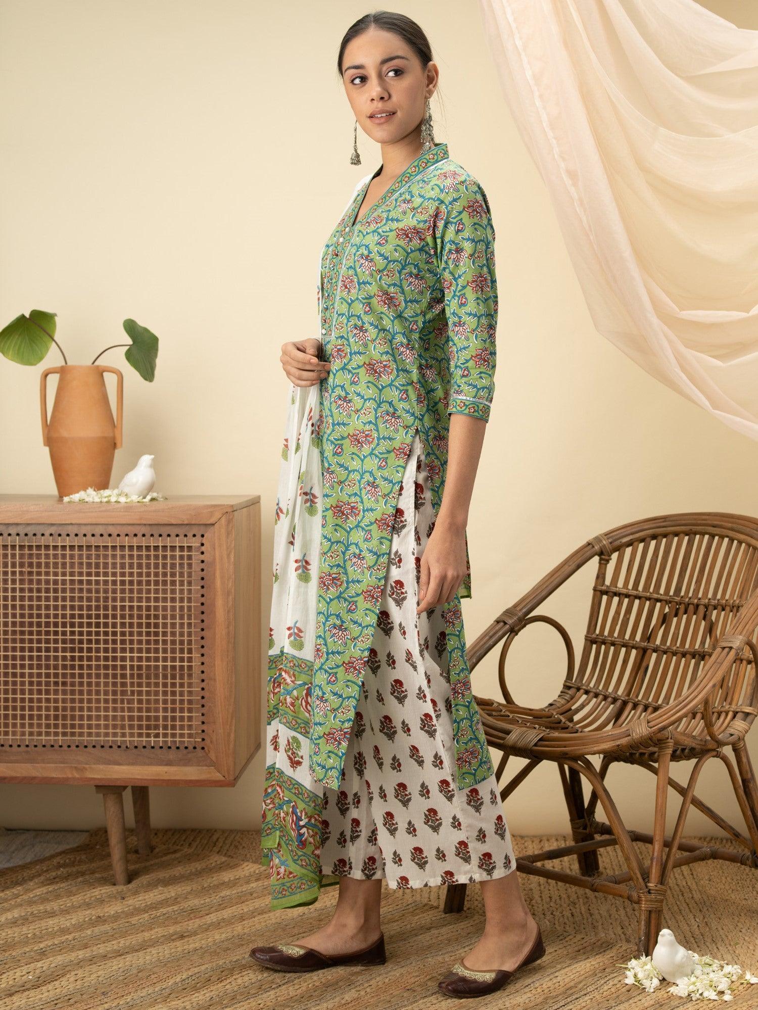 Green Printed Cotton Suit Set