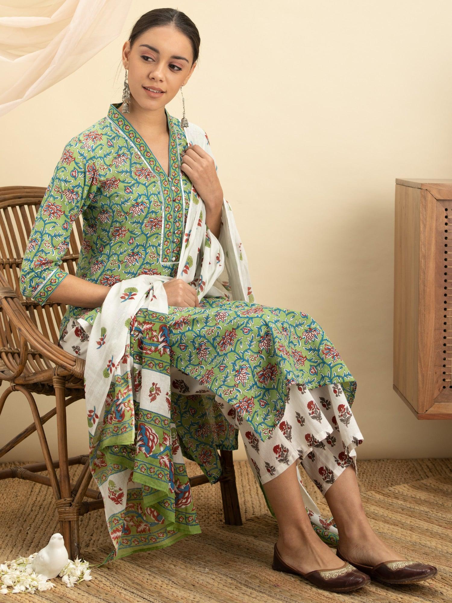 Green Printed Cotton Suit Set