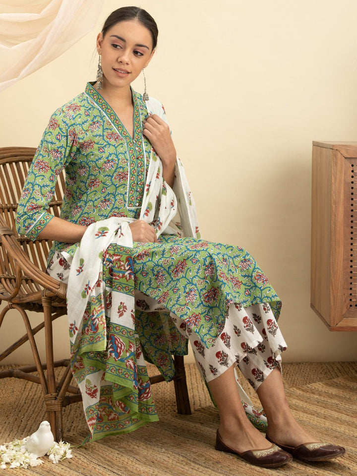 Green Printed Cotton Suit Set - ShopLibas