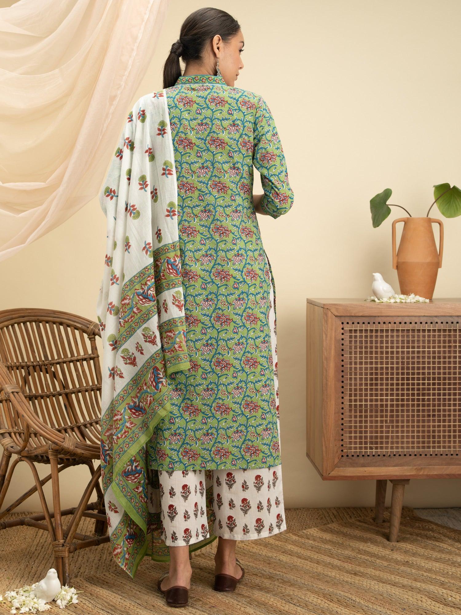 Green Printed Cotton Suit Set