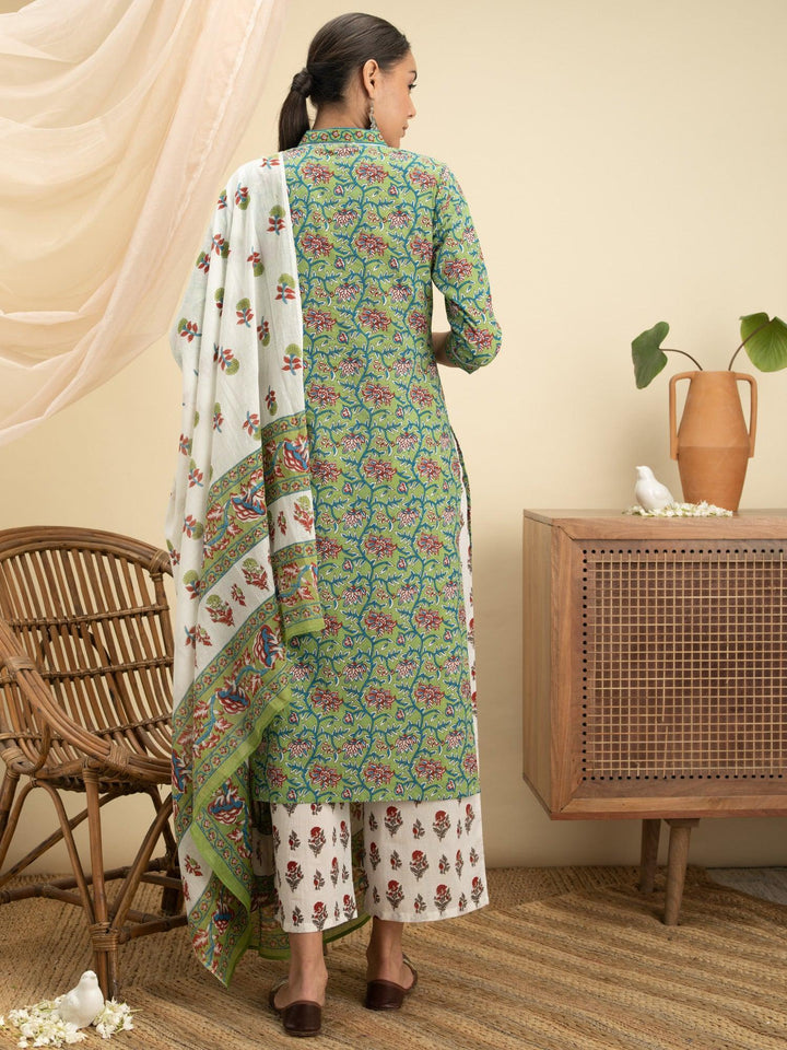 Green Printed Cotton Suit Set - ShopLibas