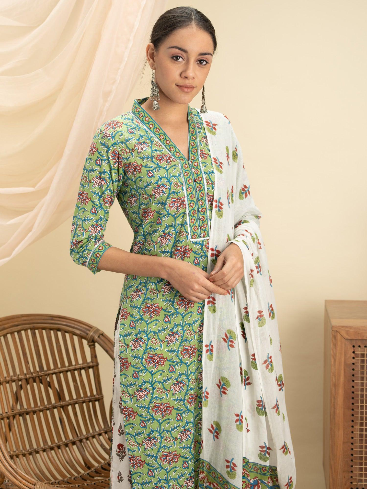 Green Printed Cotton Suit Set