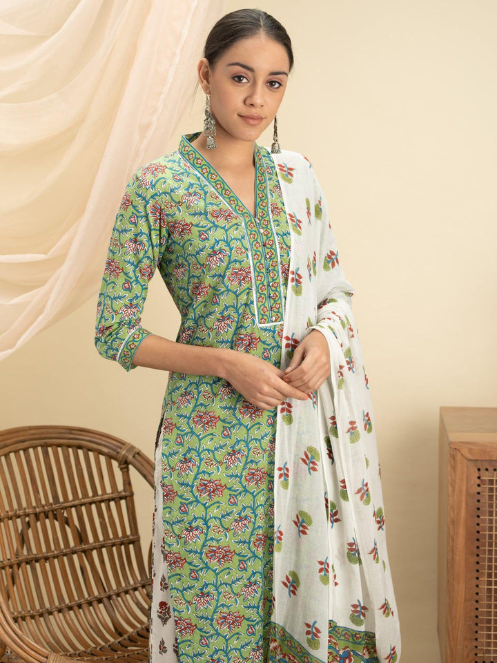 Green Printed Cotton Suit Set - ShopLibas