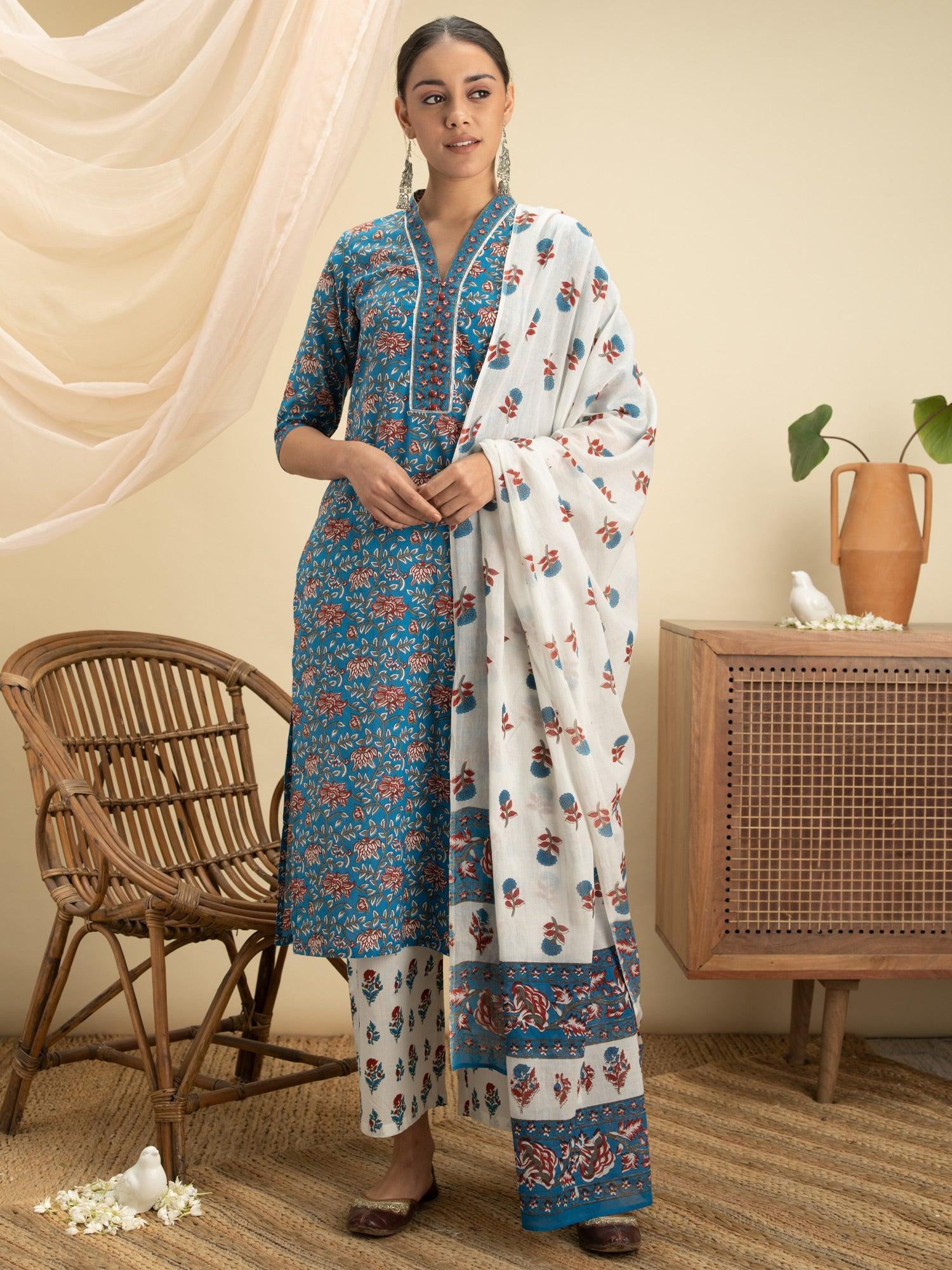 Blue Printed Cotton Suit Set