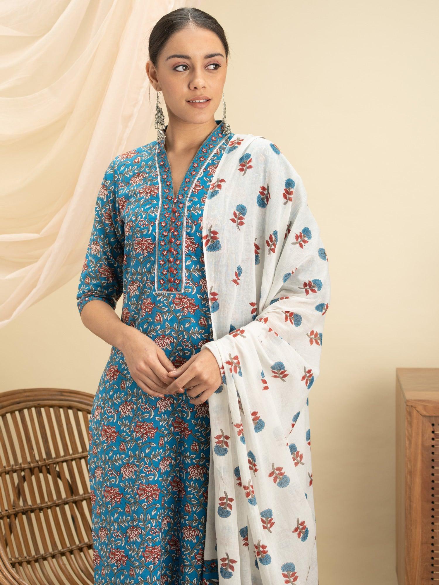 Blue Printed Cotton Suit Set