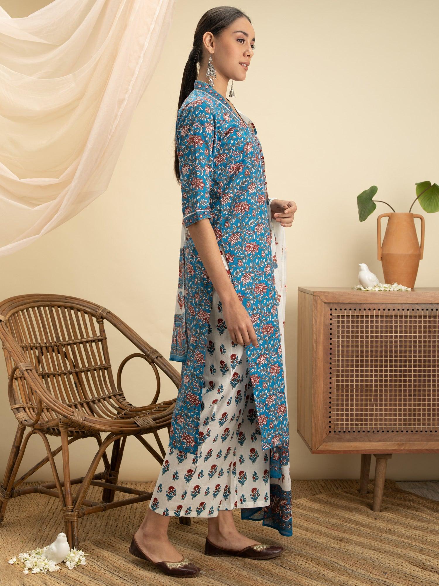 Blue Printed Cotton Suit Set