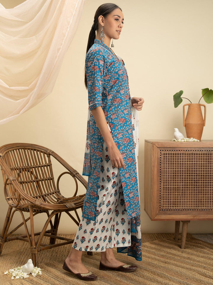 Blue Printed Cotton Suit Set - ShopLibas