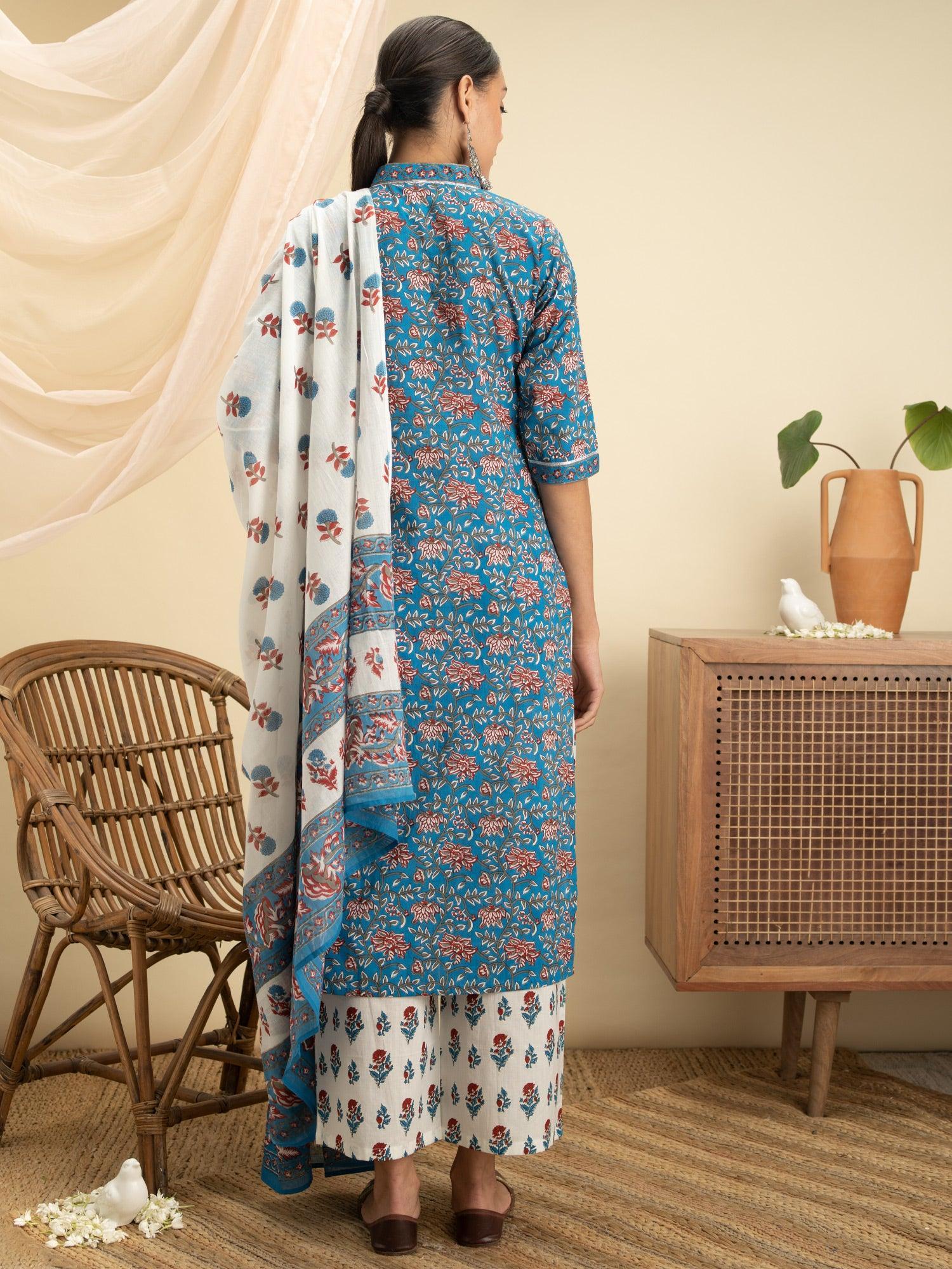 Blue Printed Cotton Suit Set