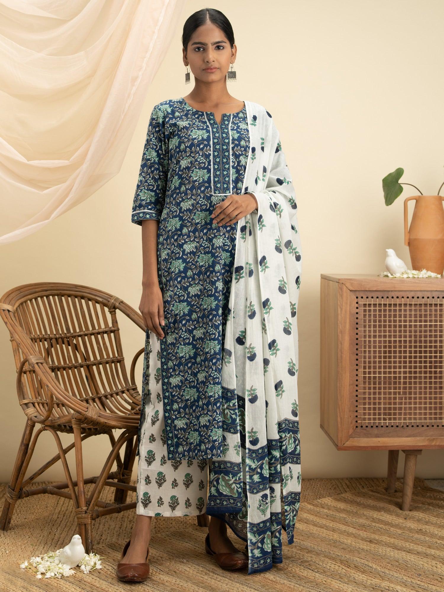 Blue Printed Cotton Suit Set