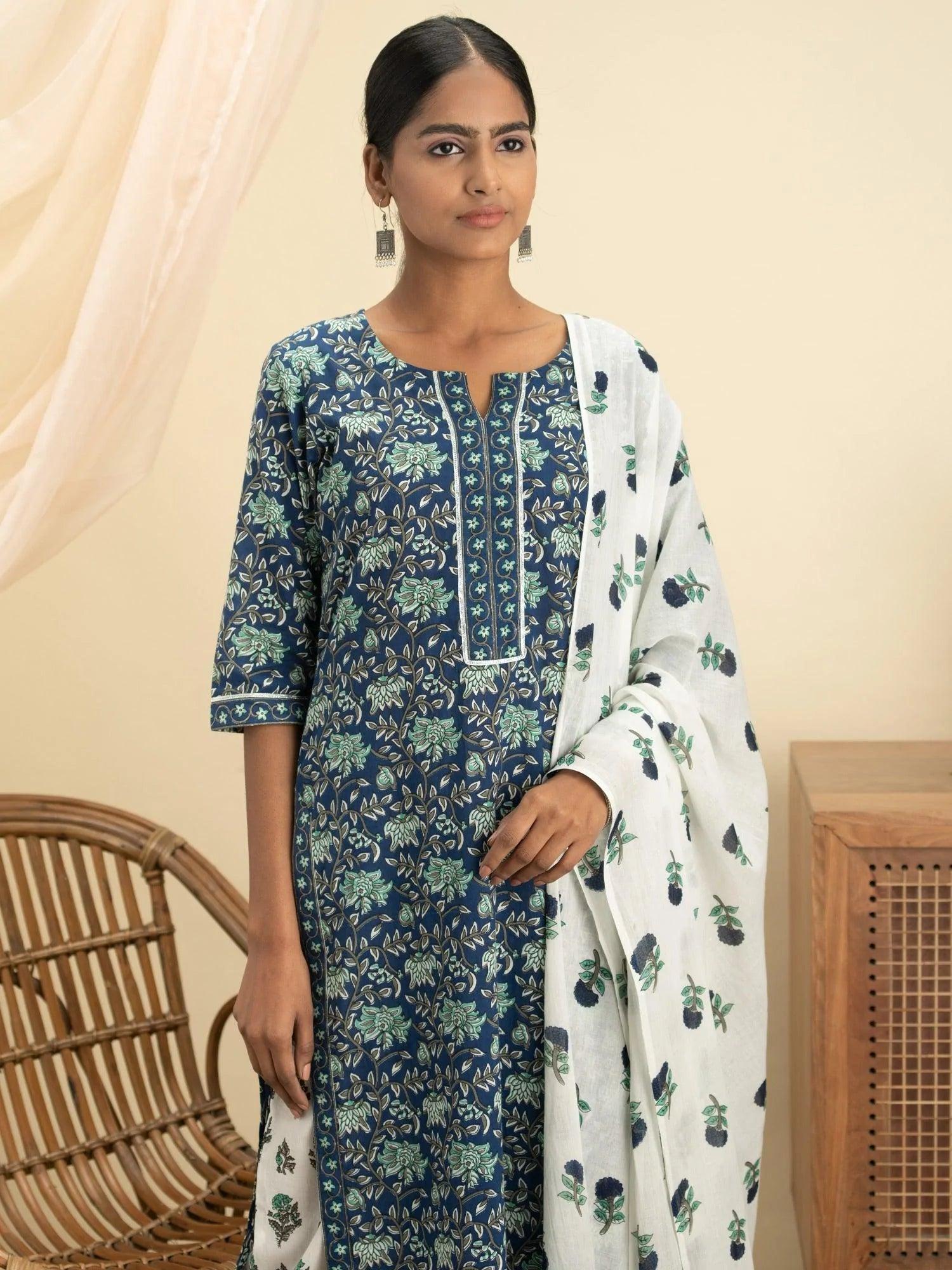 Blue Printed Cotton Suit Set