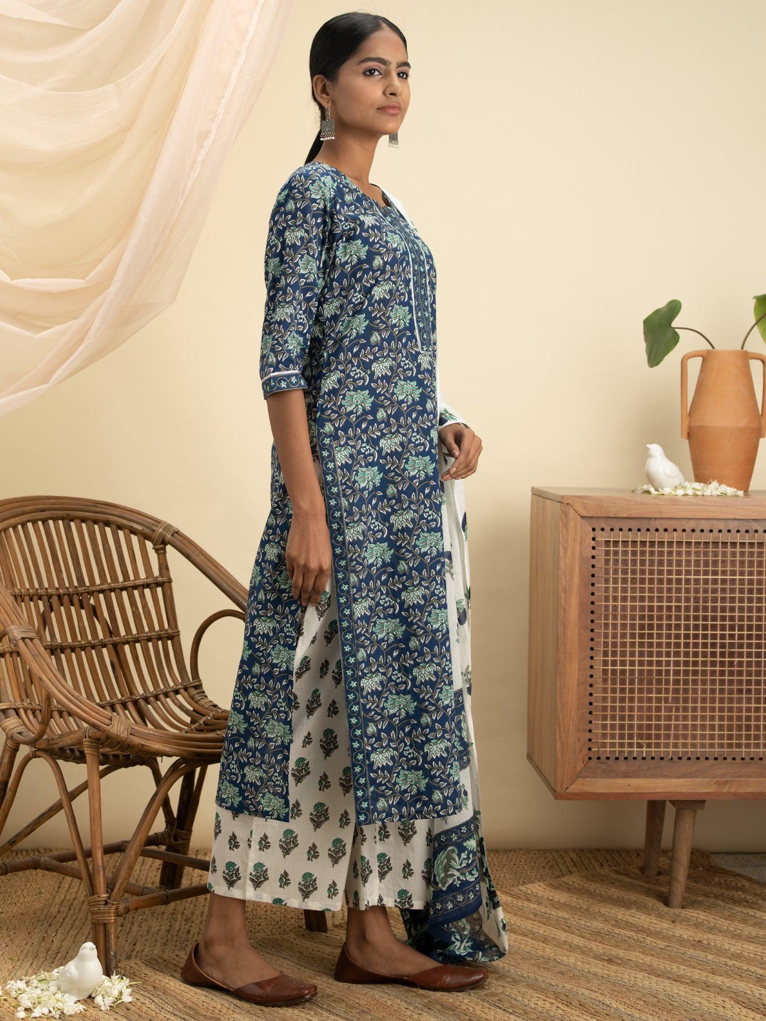 Blue Printed Cotton Suit Set