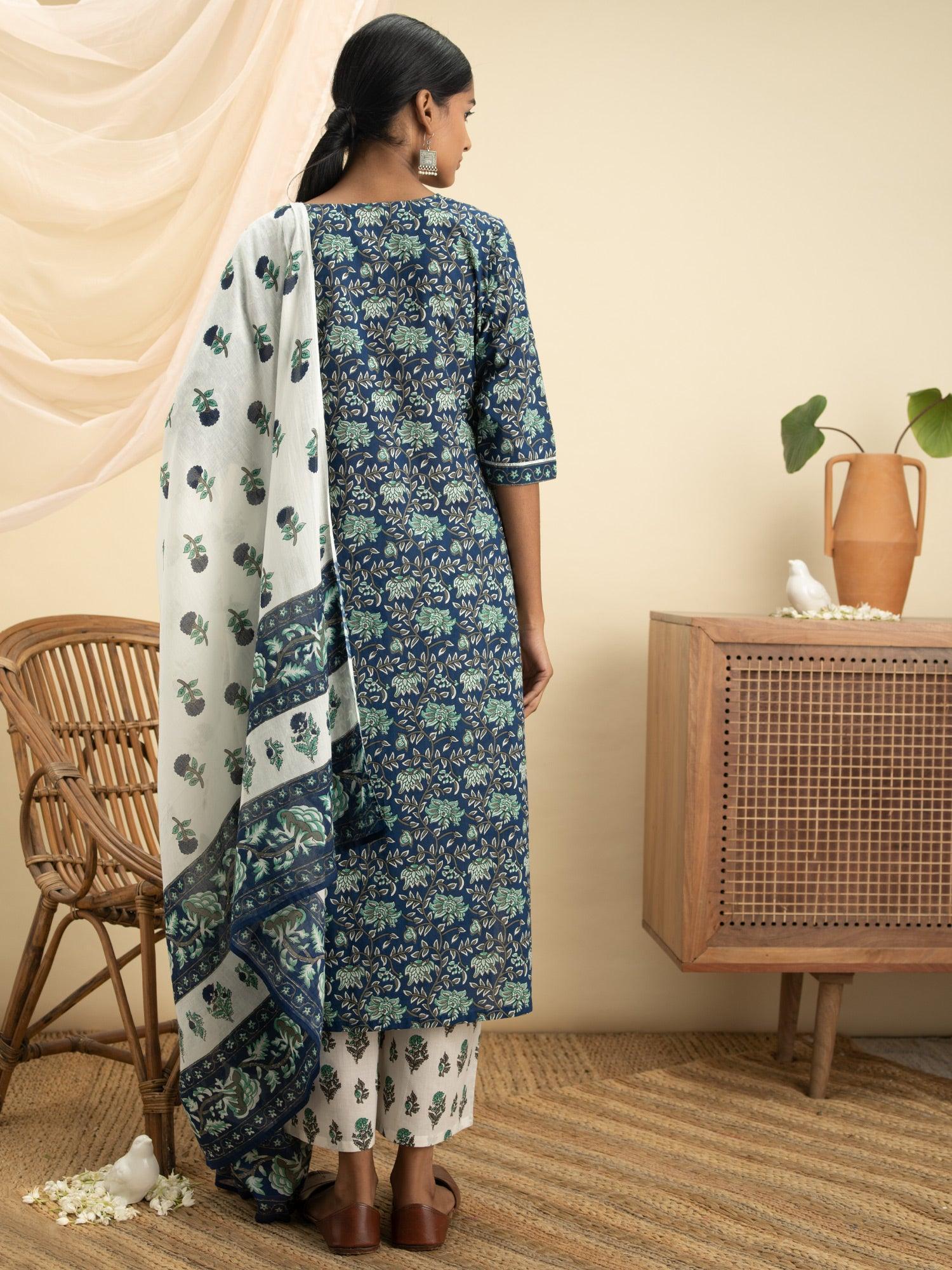 Blue Printed Cotton Suit Set