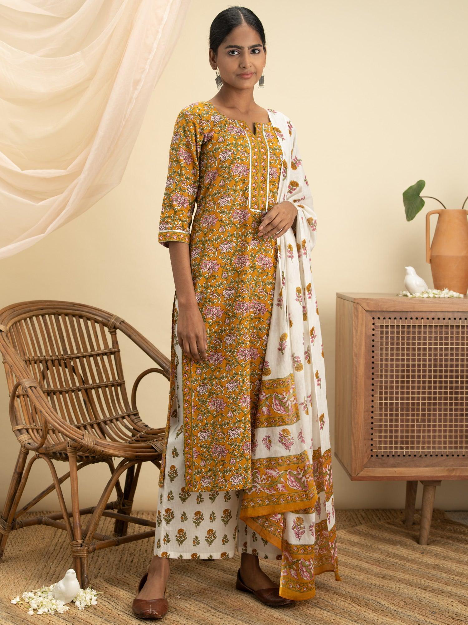 Mustard Printed Cotton Suit Set