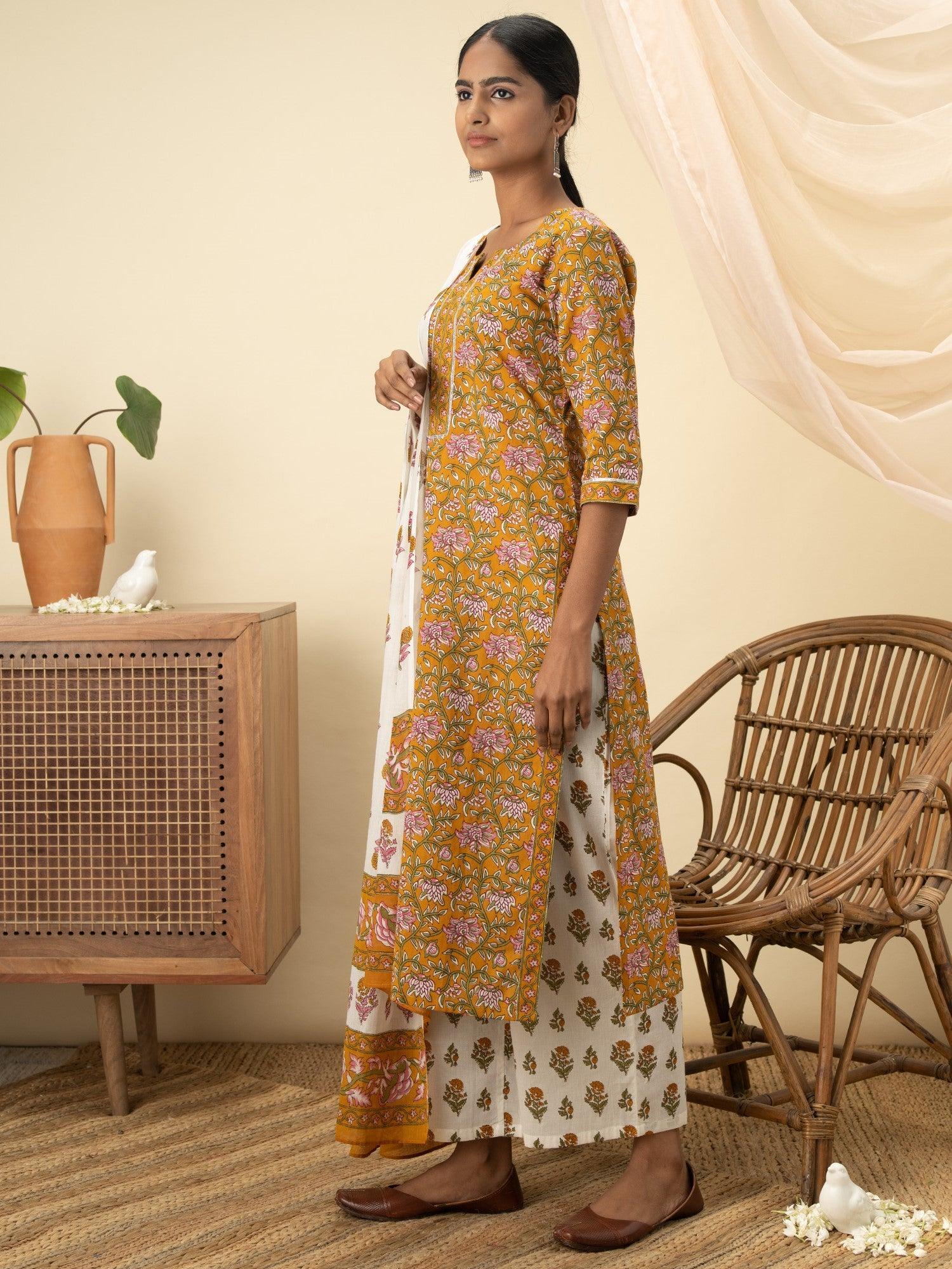 Mustard Printed Cotton Suit Set