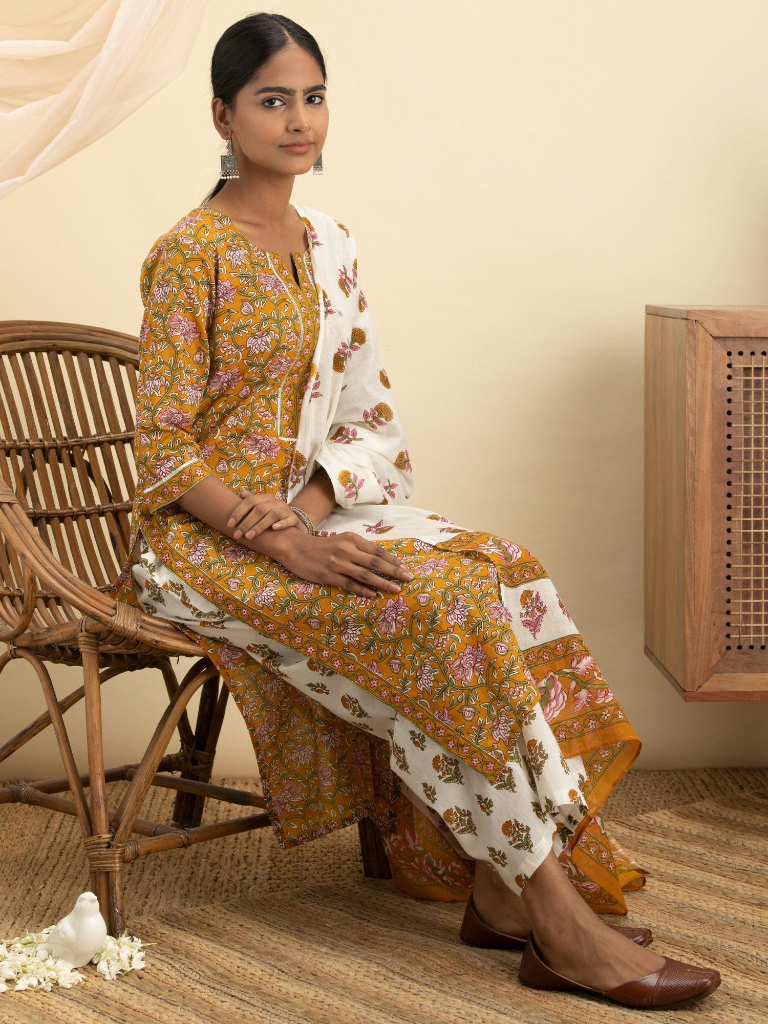 Mustard Printed Cotton Suit Set