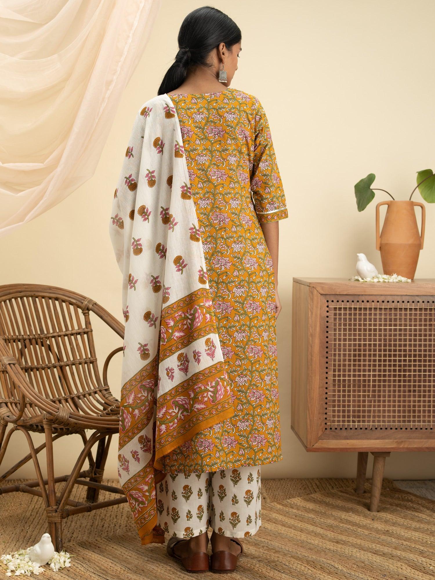 Mustard Printed Cotton Suit Set