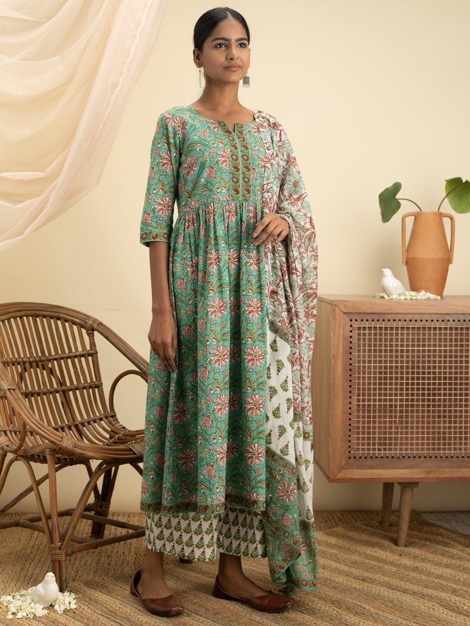 Green Printed Cotton Suit Set