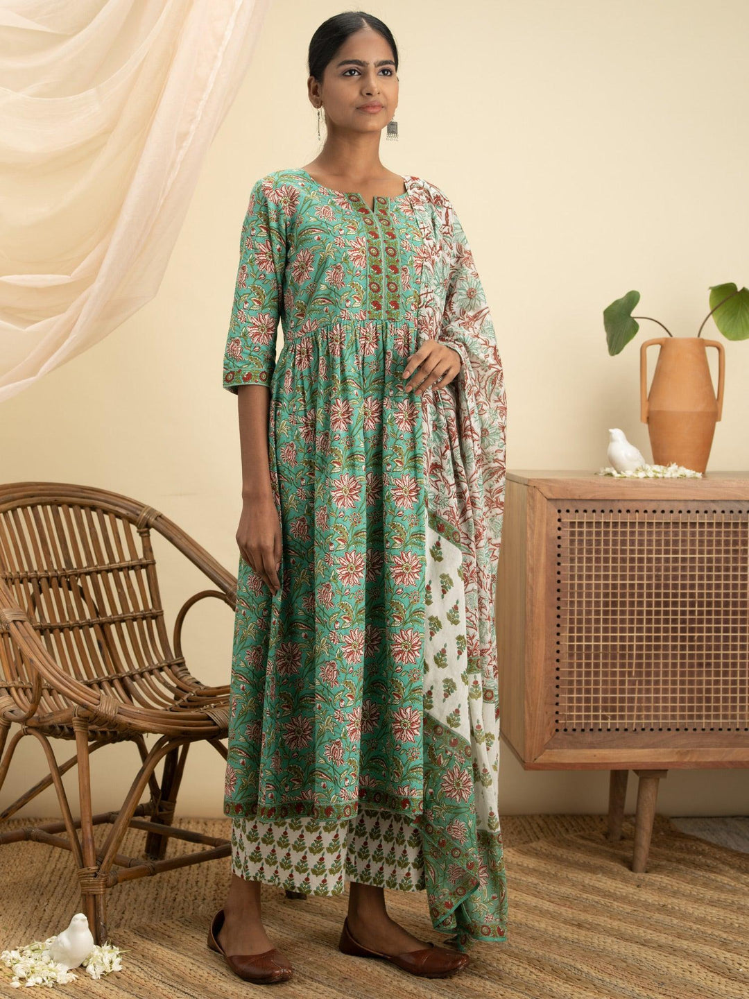 Green Printed Cotton Suit Set - ShopLibas