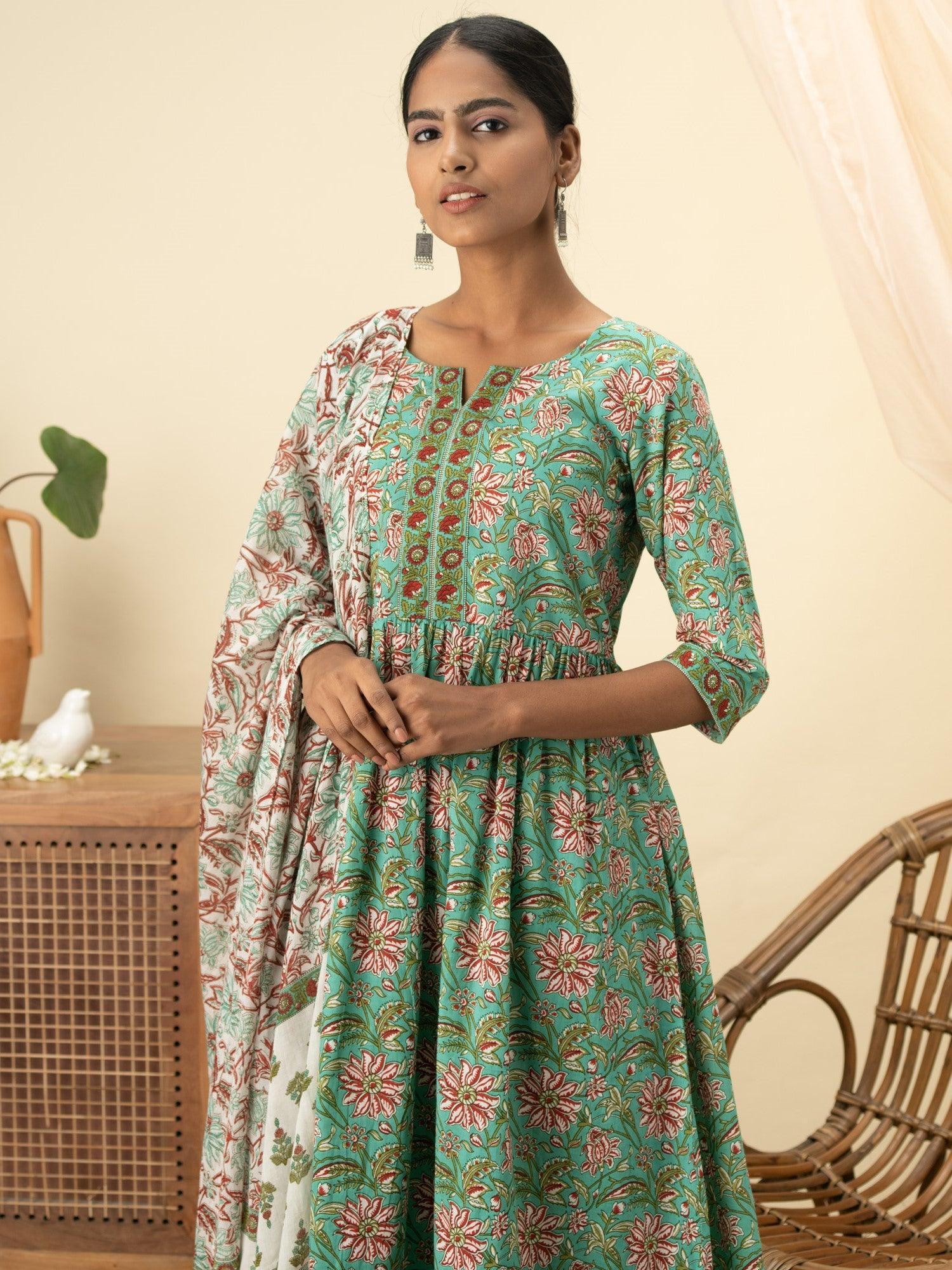 Green Printed Cotton Suit Set