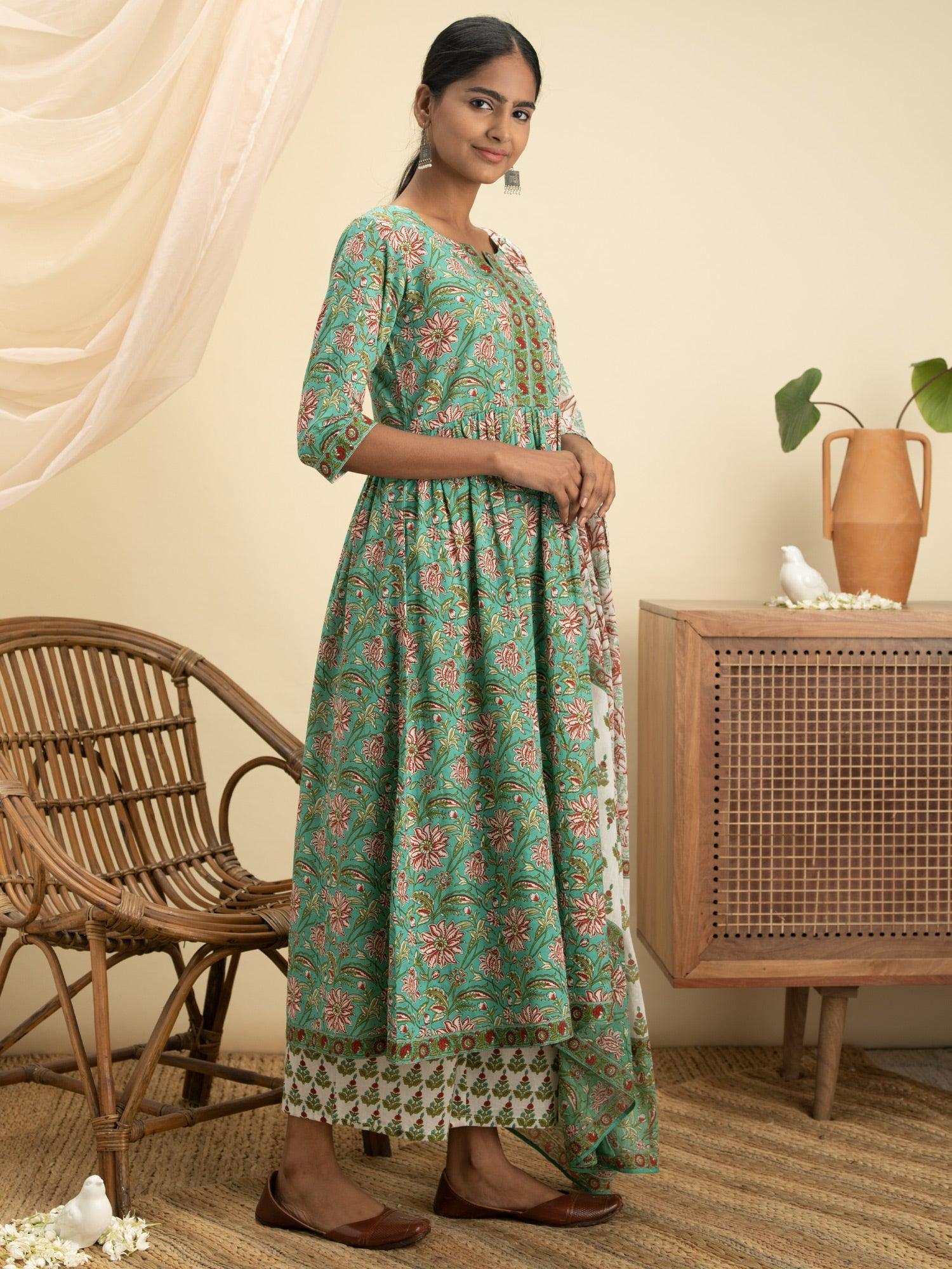 Green Printed Cotton Suit Set