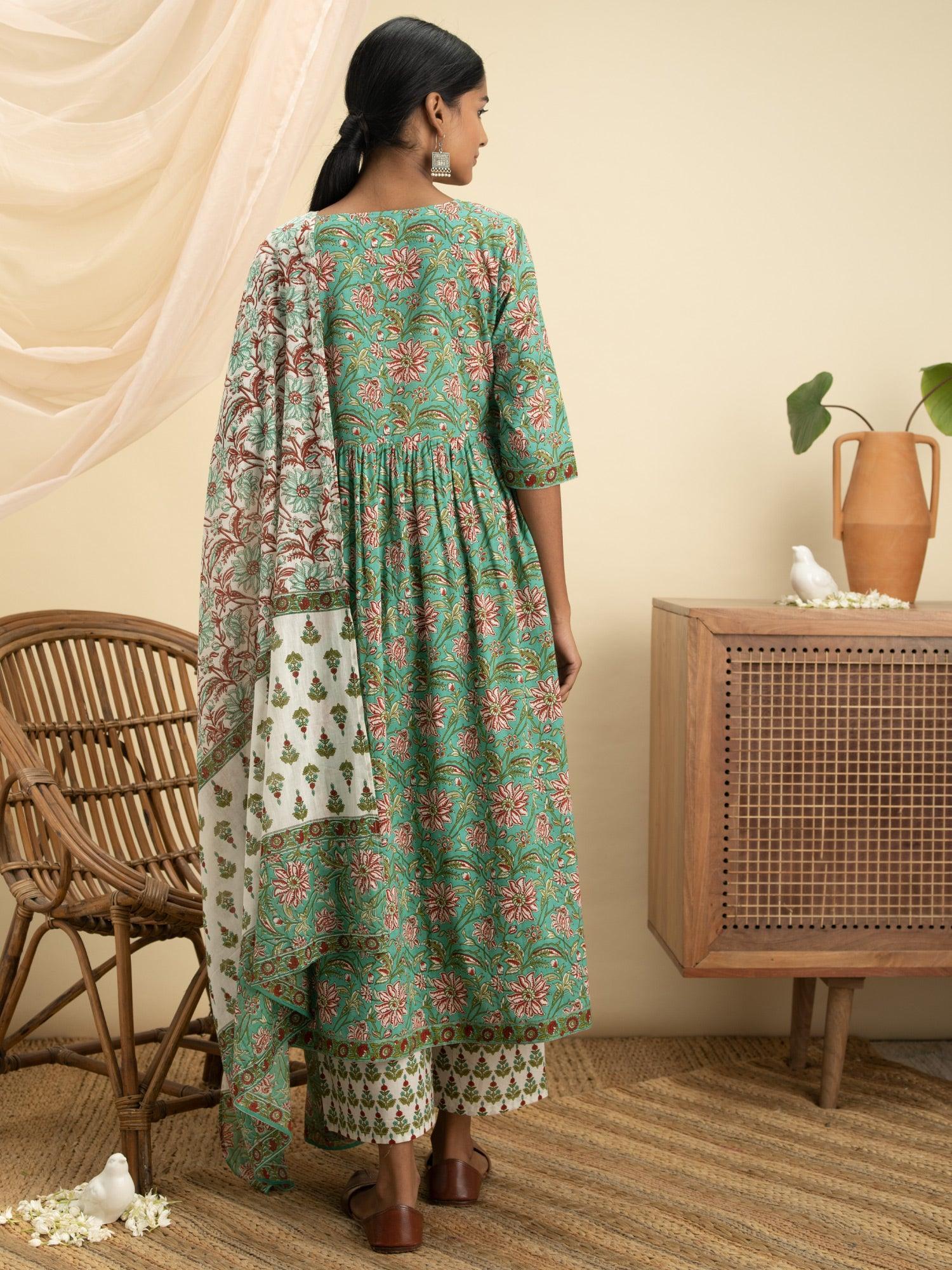 Green Printed Cotton Suit Set