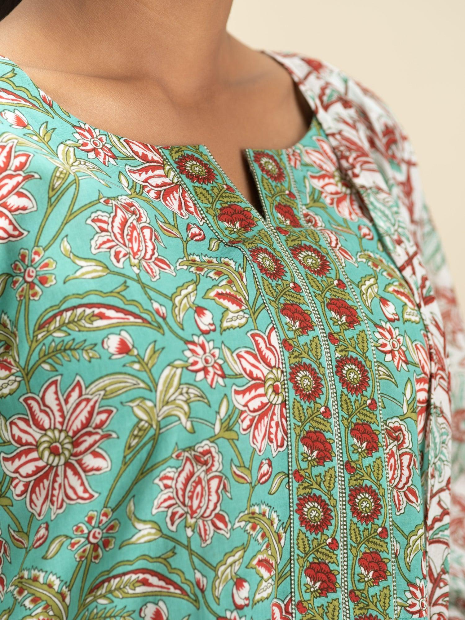 Green Printed Cotton Suit Set