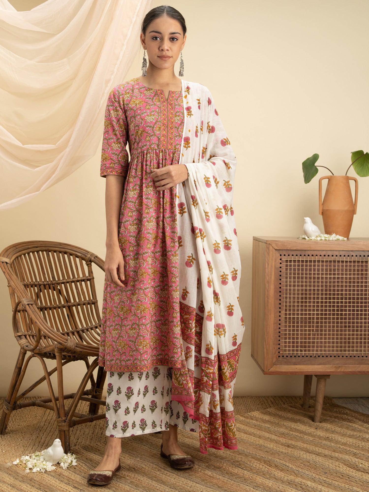 Pink Printed Cotton Suit Set