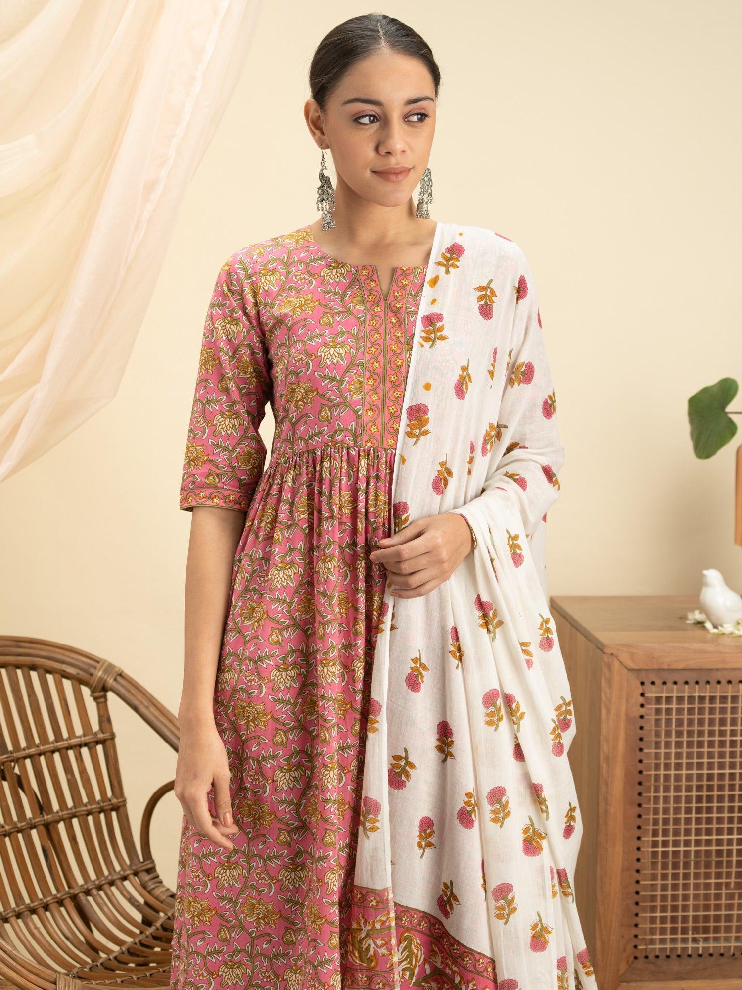 Pink Printed Cotton Suit Set