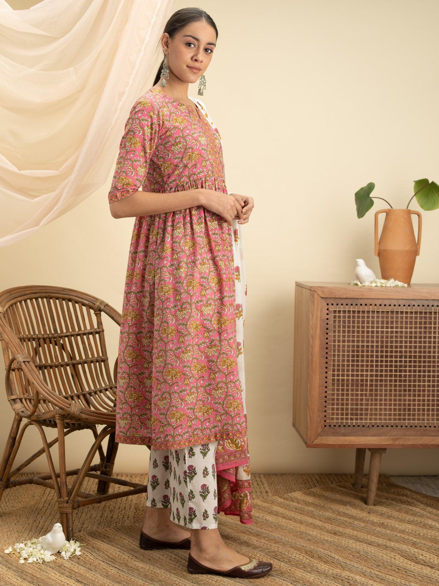 Pink Printed Cotton Suit Set