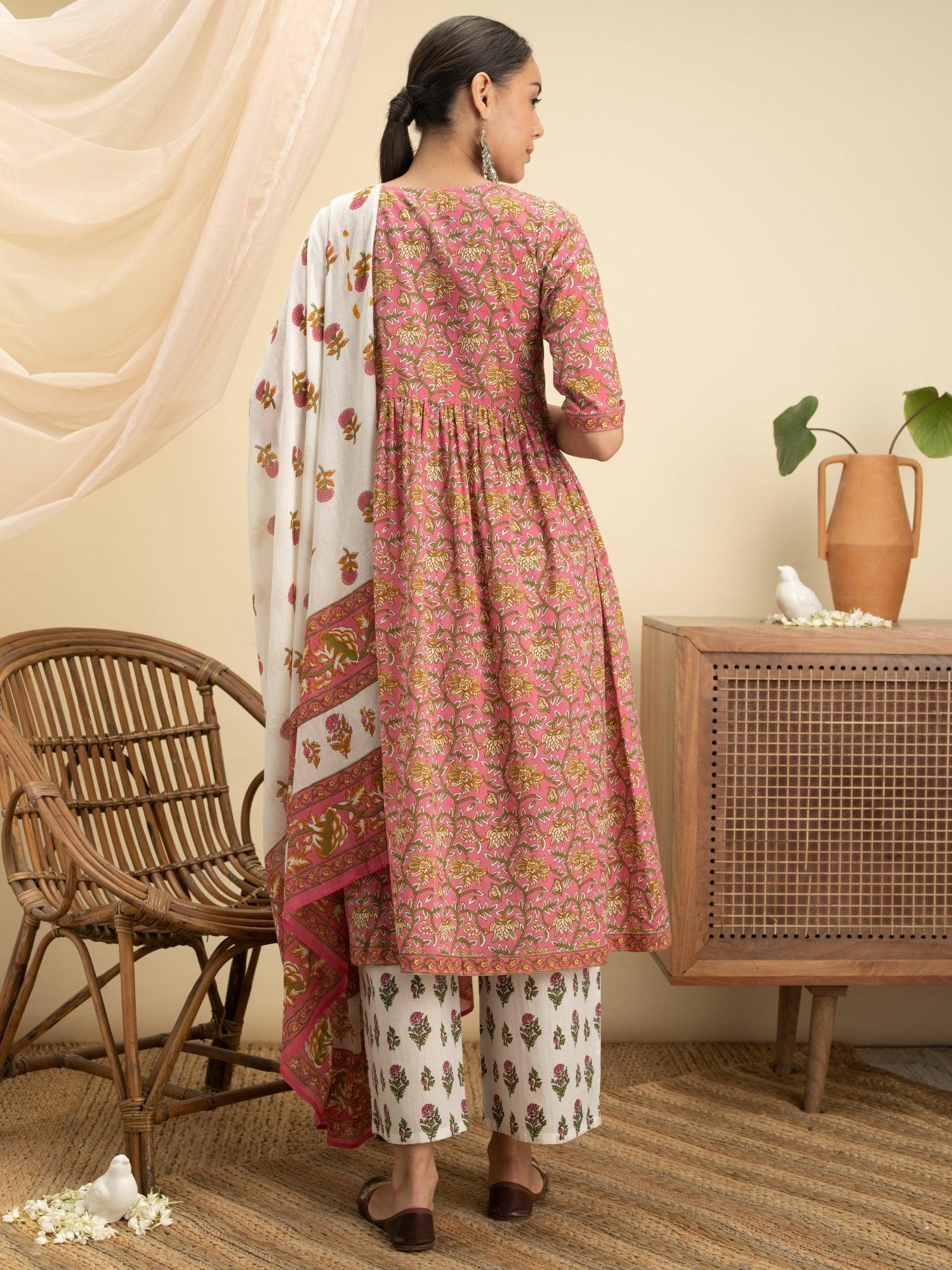 Pink Printed Cotton Suit Set