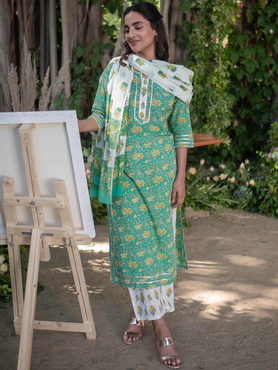 Green Printed Cotton Suit Set