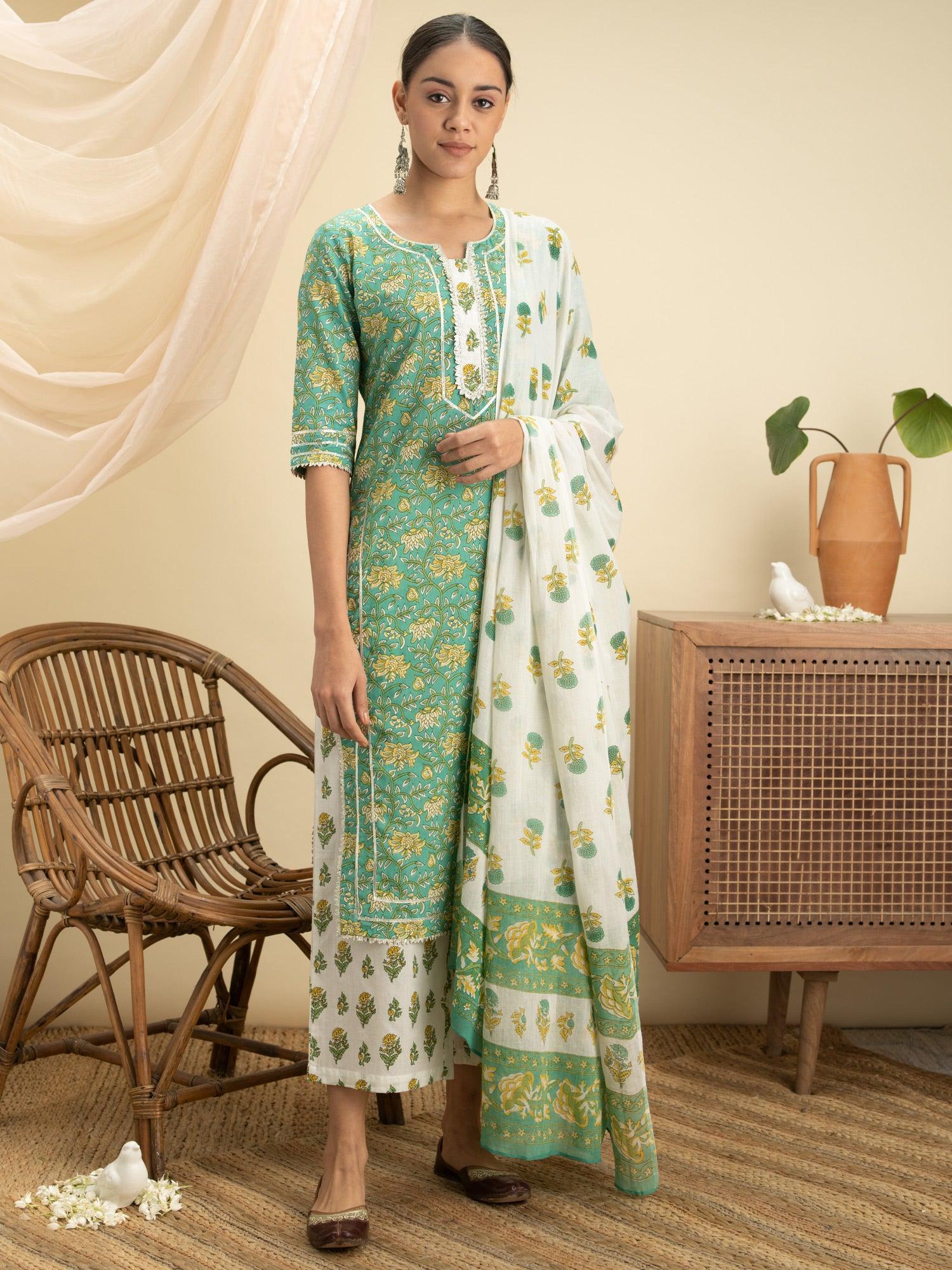 Green Printed Cotton Suit Set