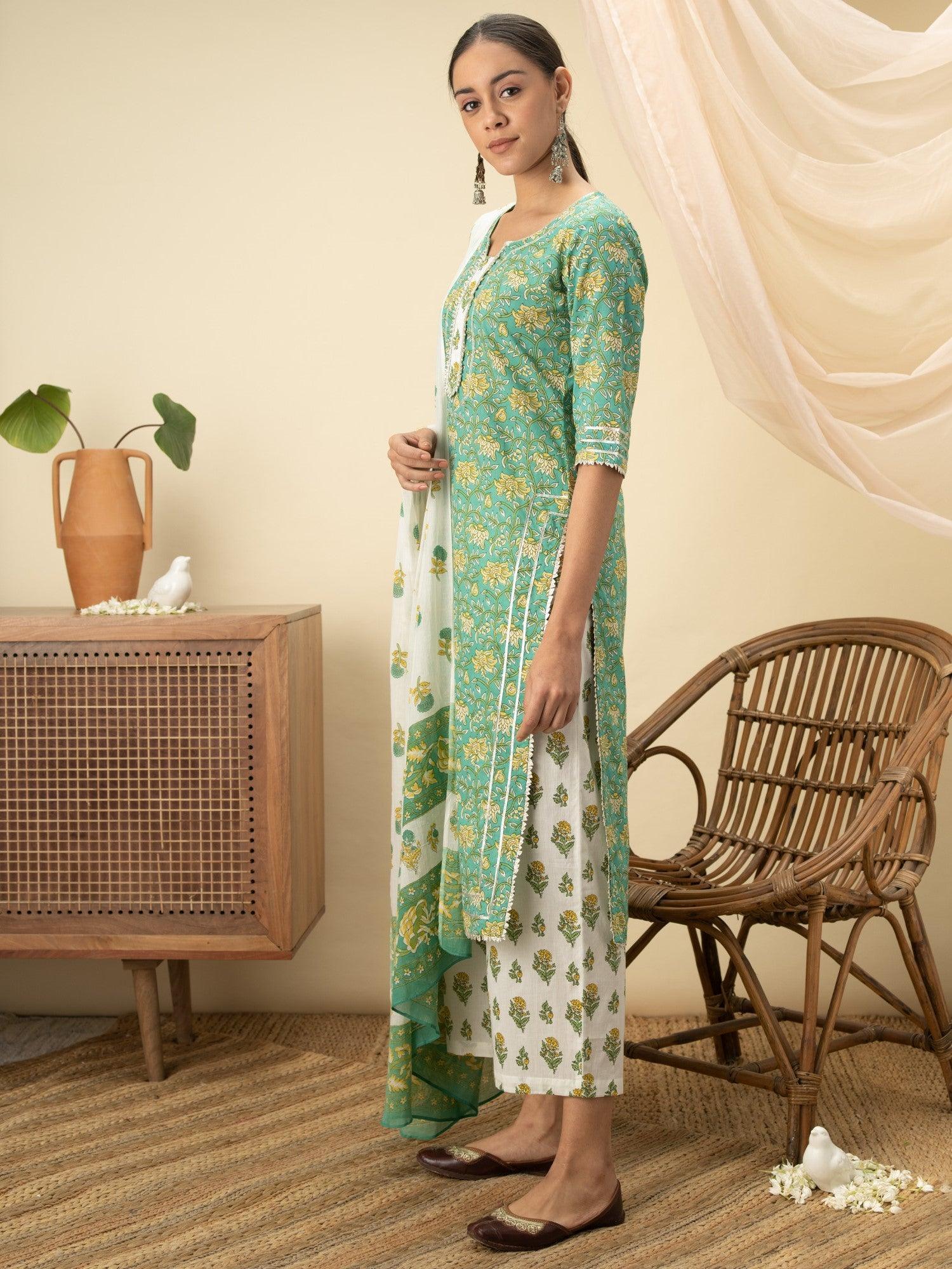 Green Printed Cotton Suit Set