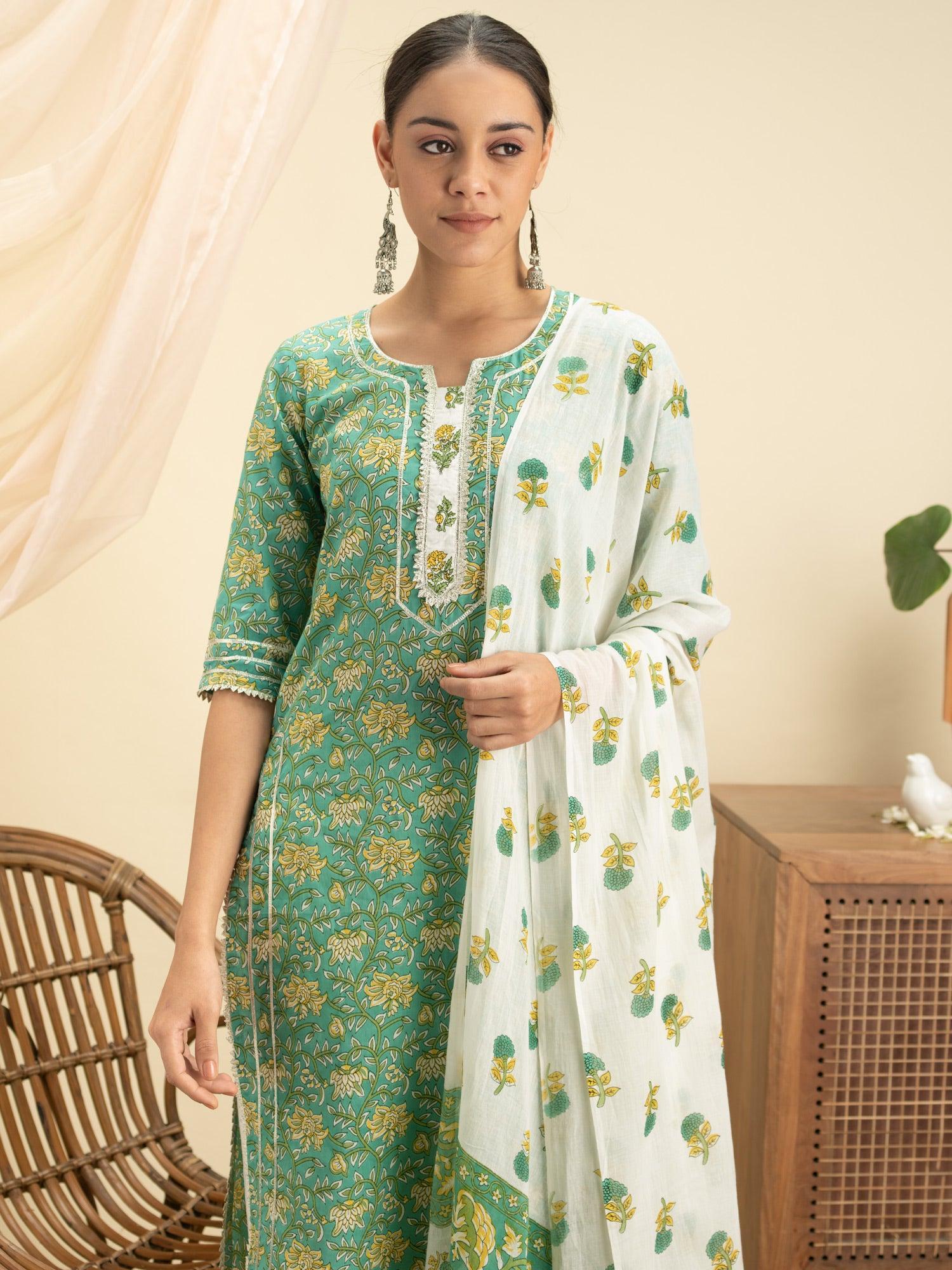 Green Printed Cotton Suit Set