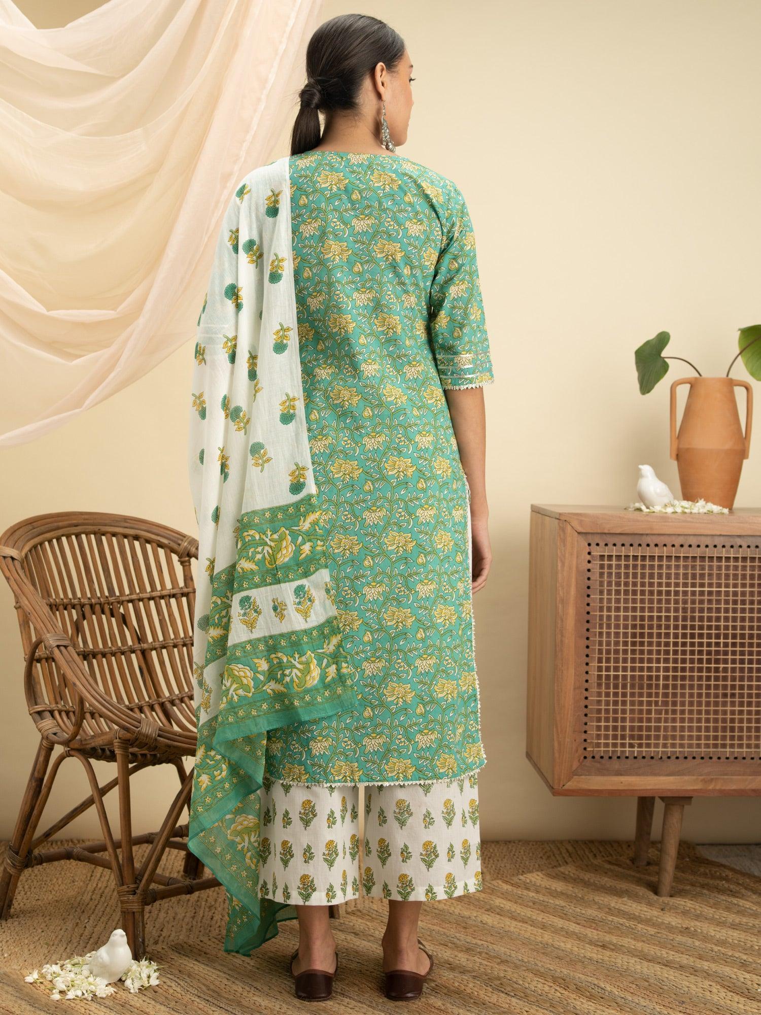 Green Printed Cotton Suit Set