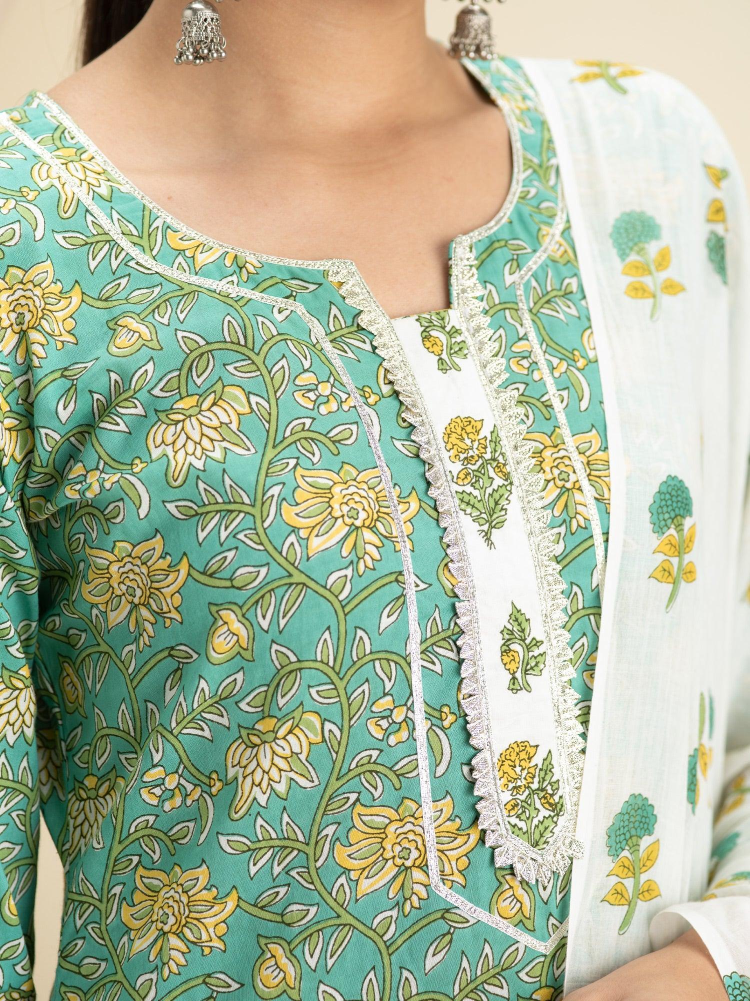 Green Printed Cotton Suit Set