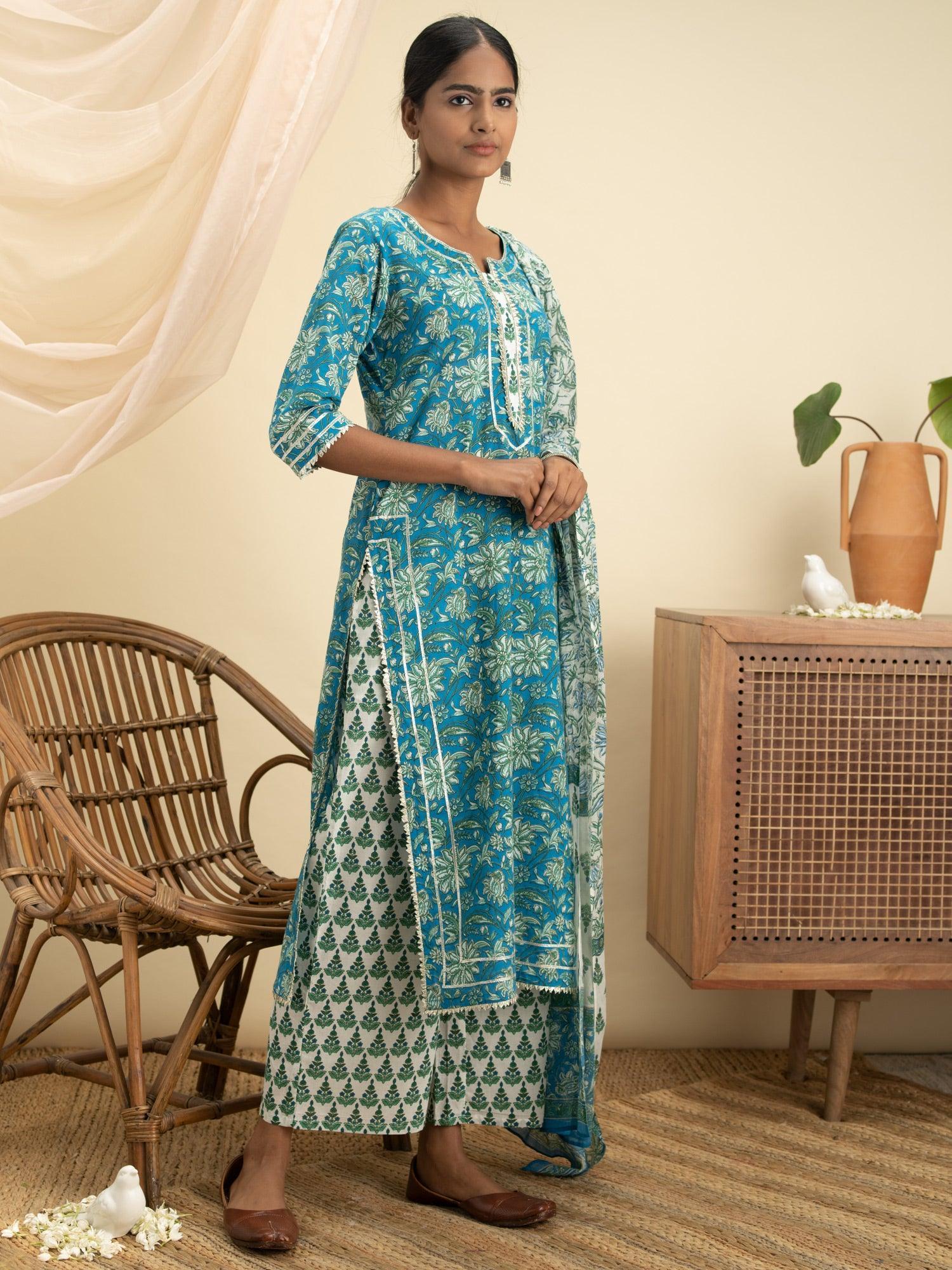 Blue Printed Cotton Suit Set