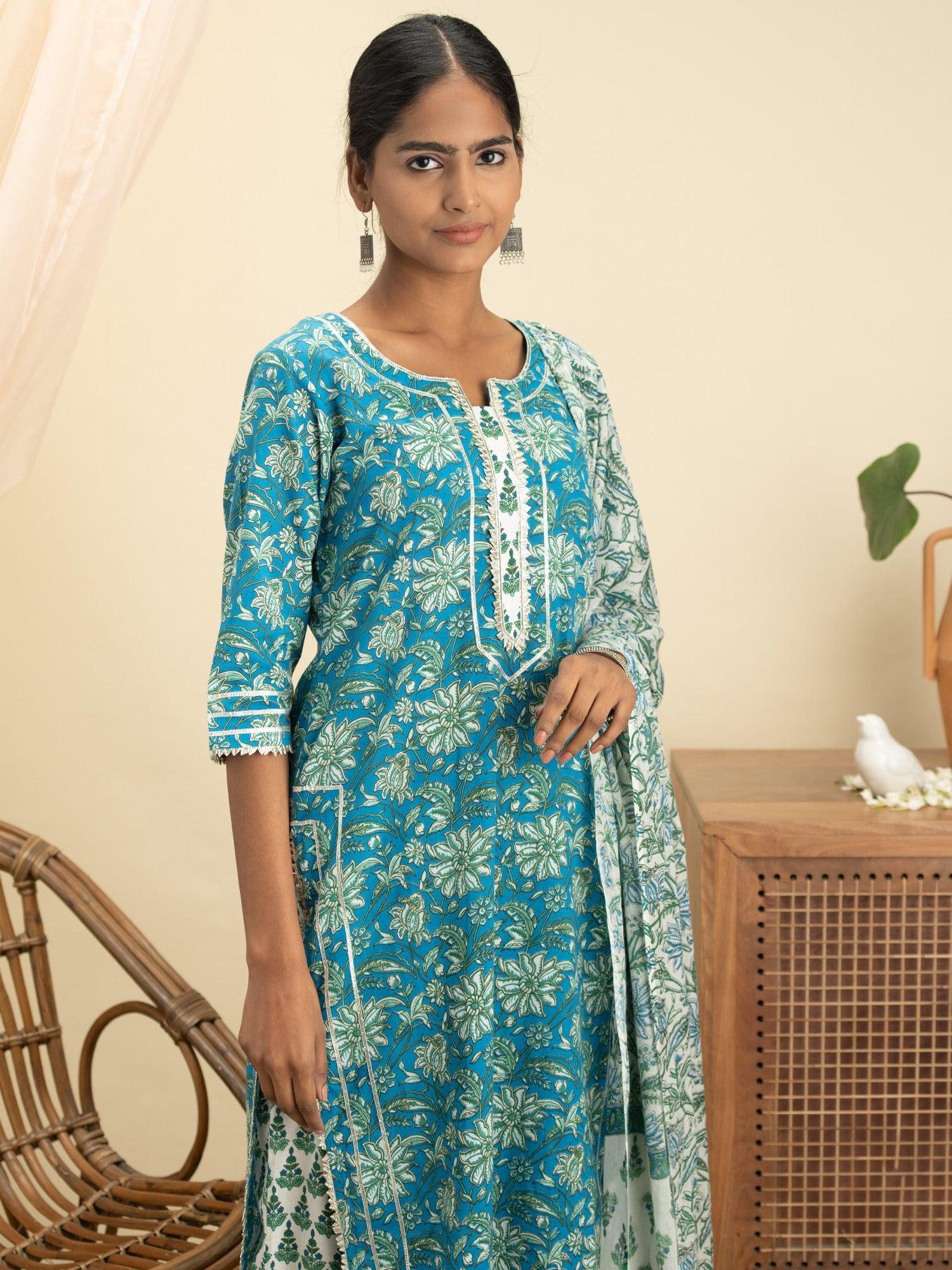 Blue Printed Cotton Suit Set