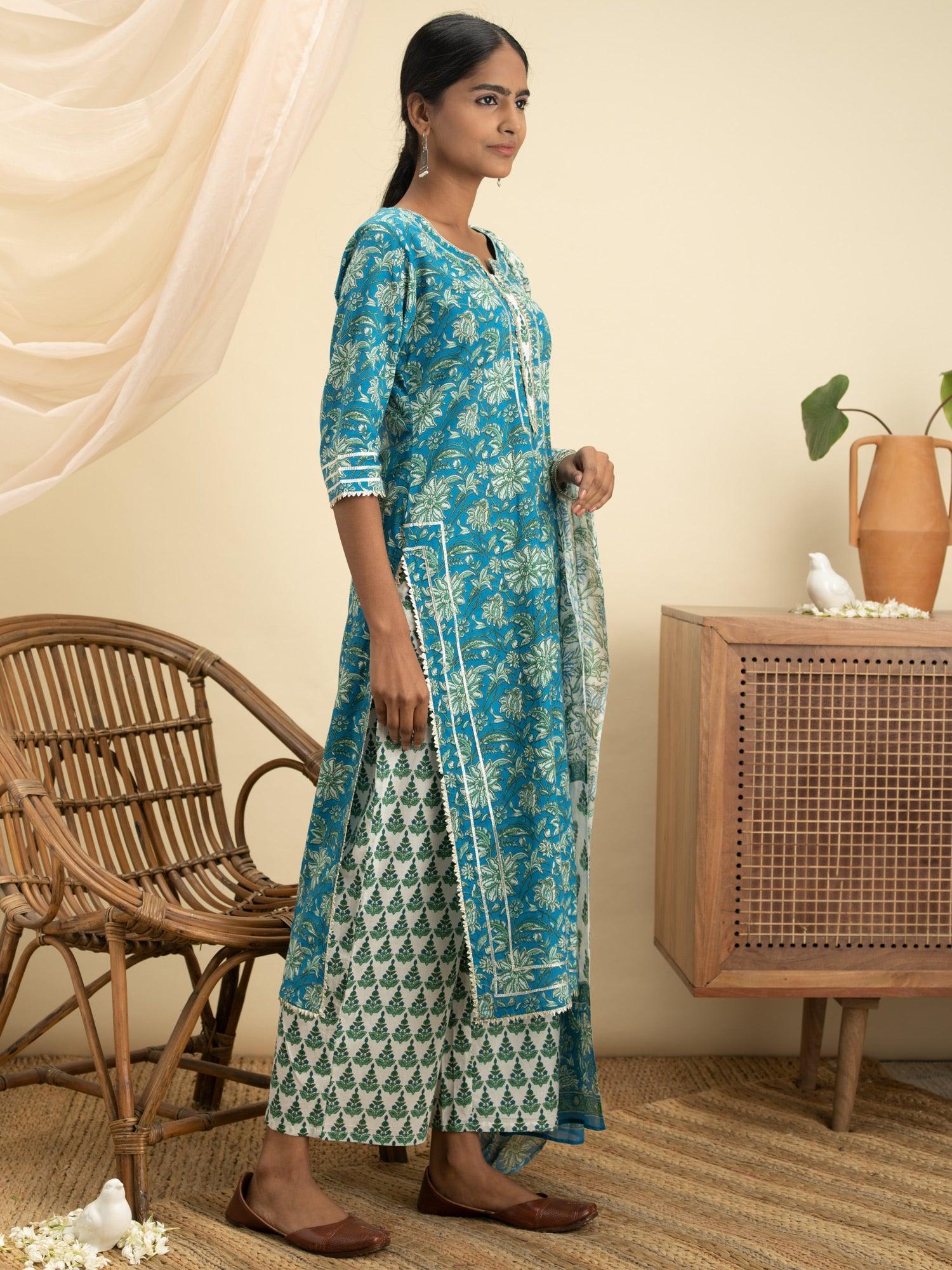 Blue Printed Cotton Suit Set