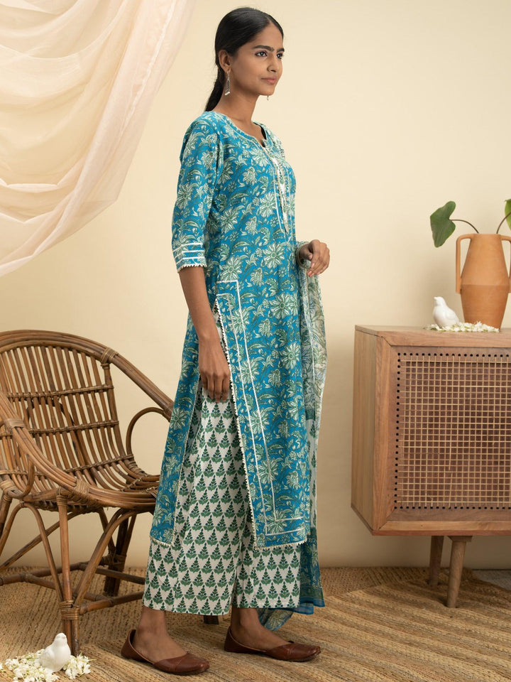 Blue Printed Cotton Suit Set - ShopLibas