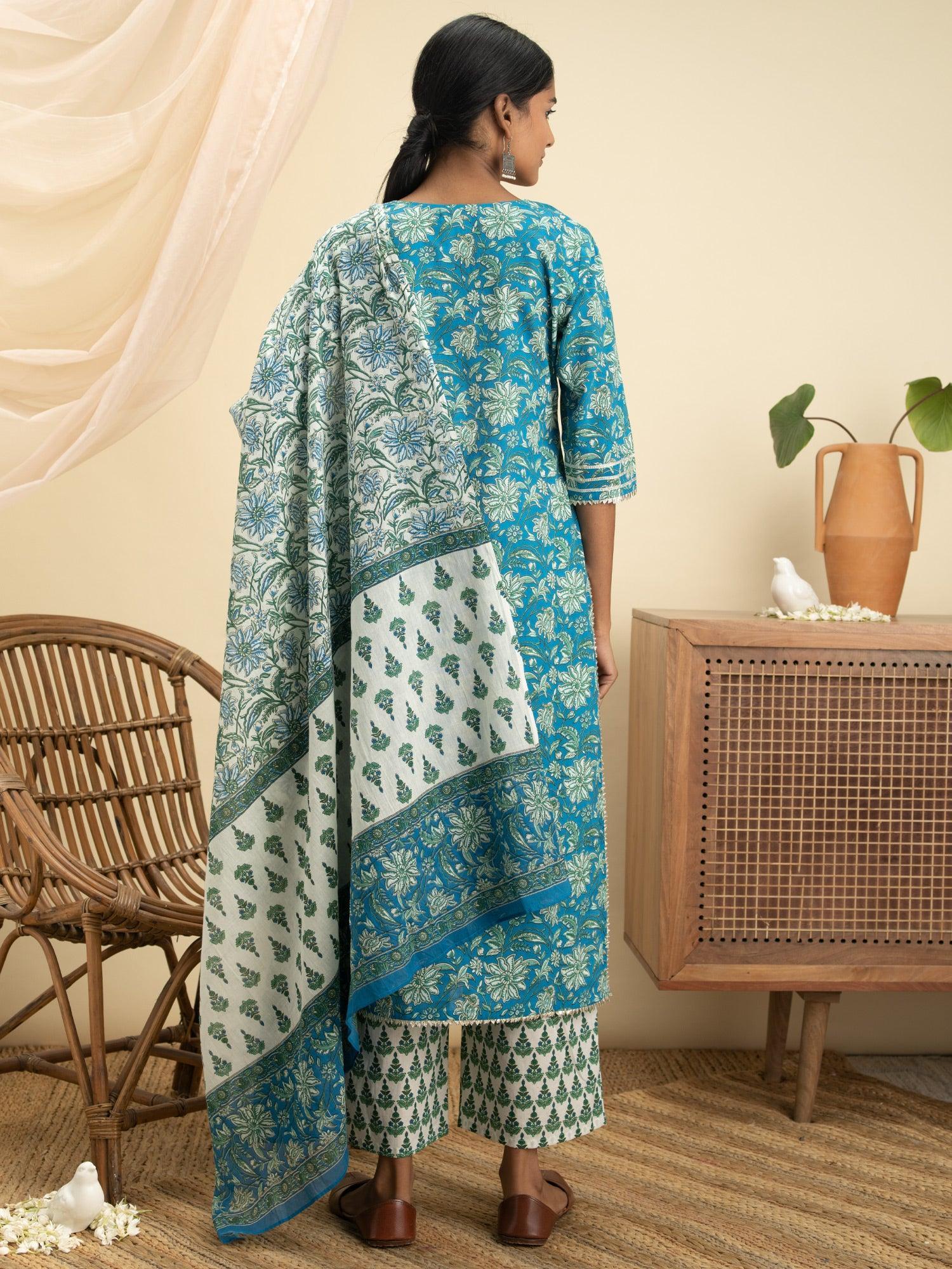 Blue Printed Cotton Suit Set