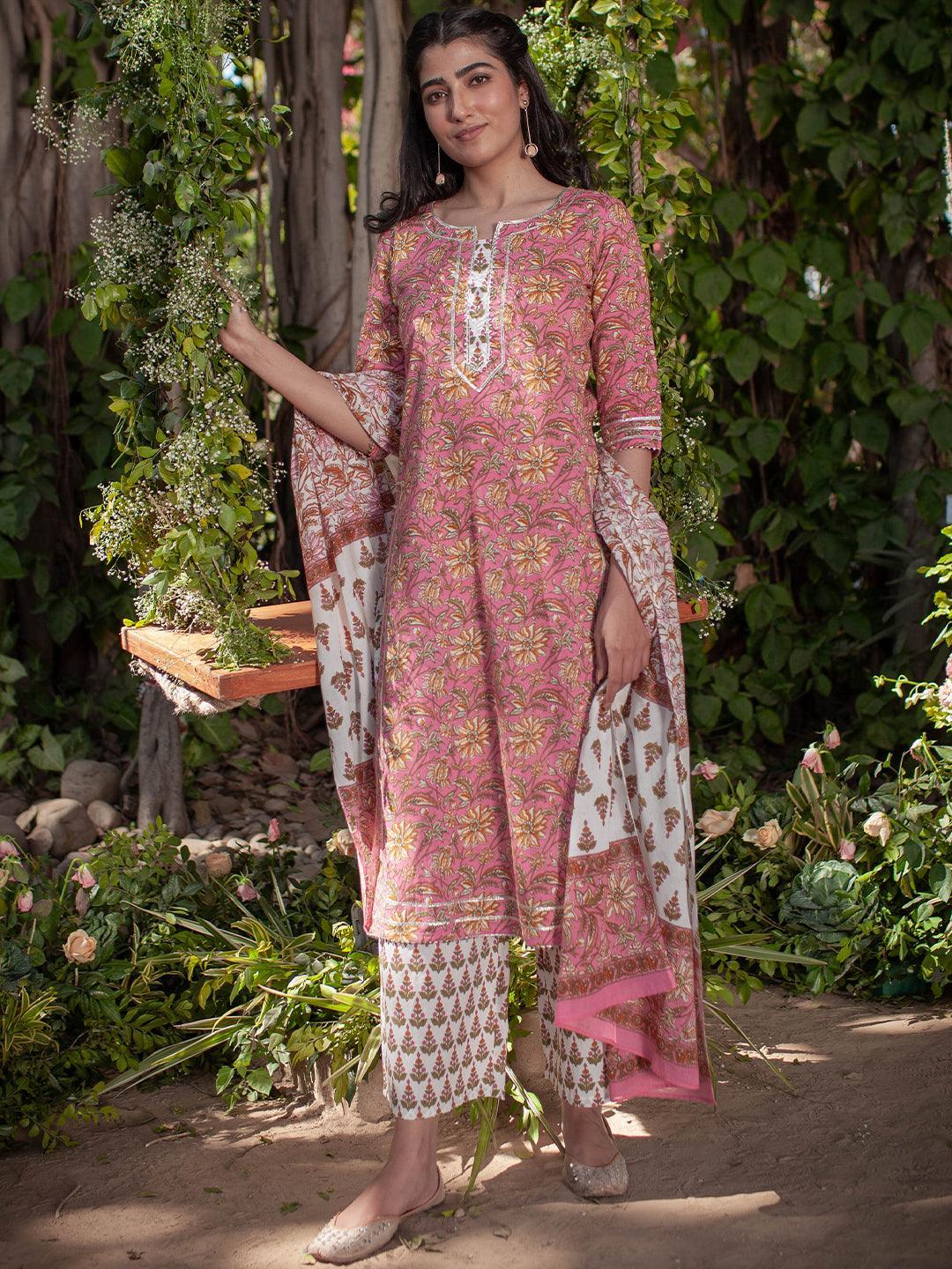 Pink Printed Cotton Suit Set