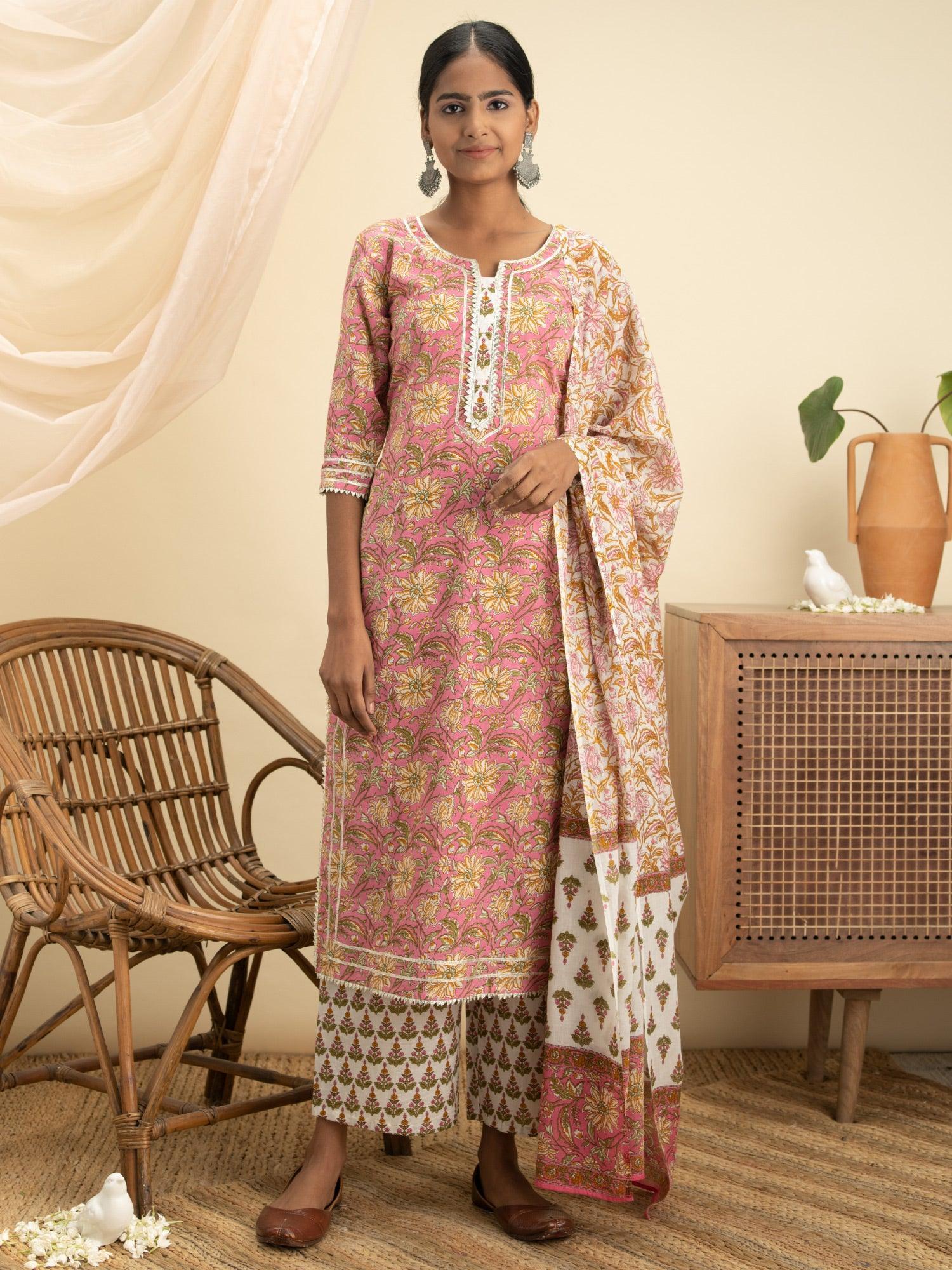 Pink Printed Cotton Suit Set