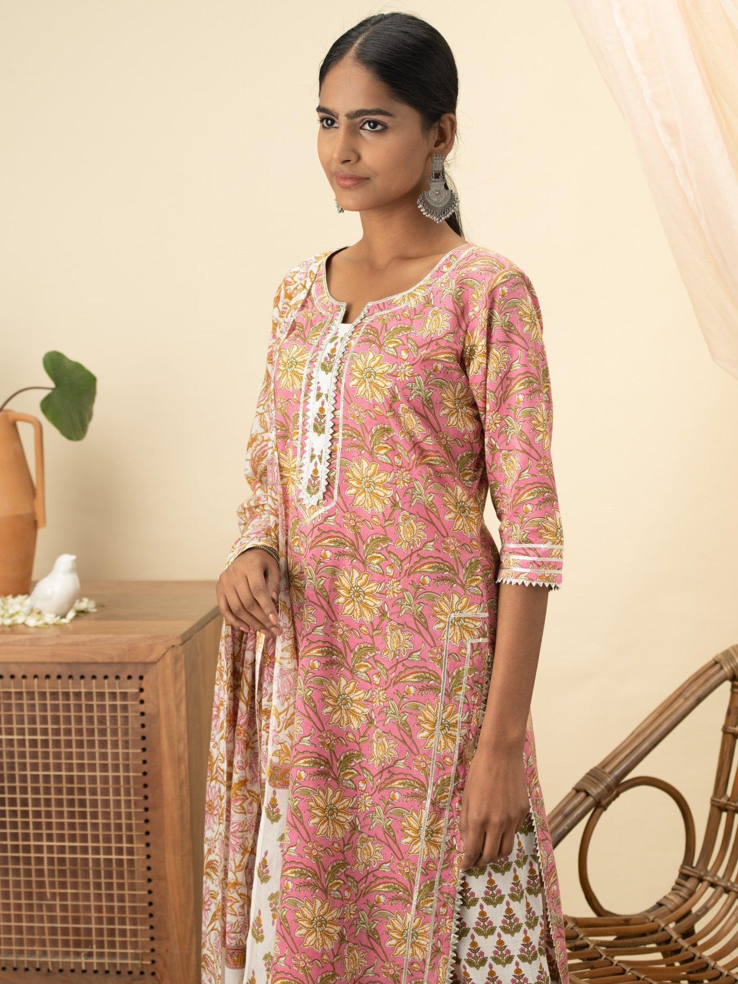 Pink Printed Cotton Suit Set