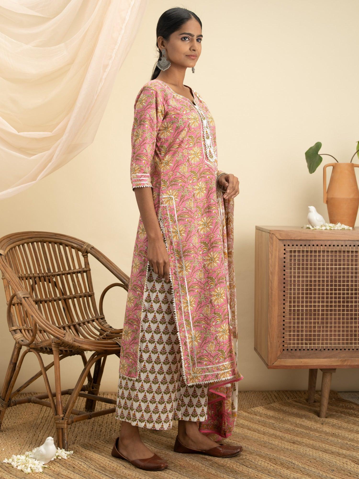 Pink Printed Cotton Suit Set