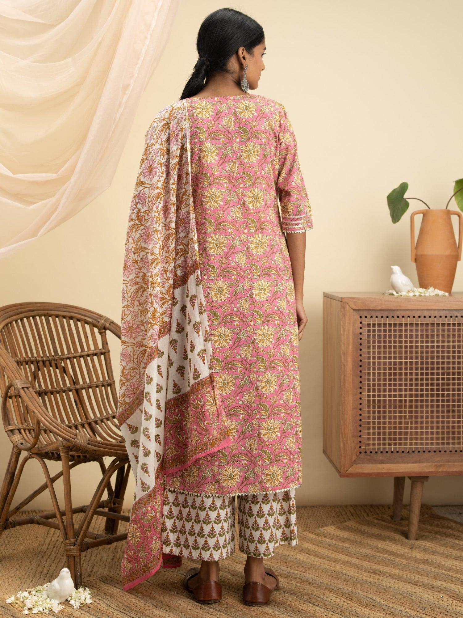 Pink Printed Cotton Suit Set